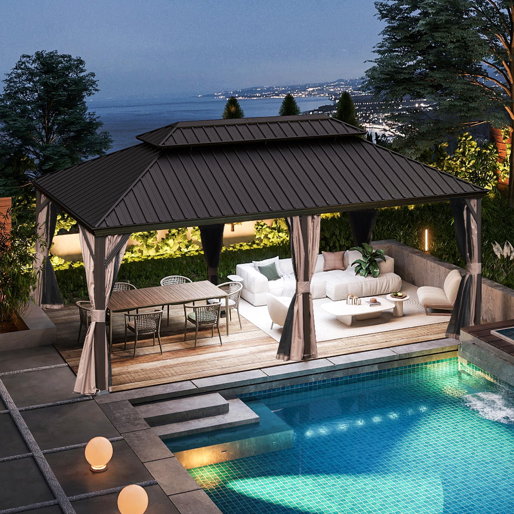 Domi 14x22FT Outdoor Gazebo, Hardtop Gazebo with Galvanized Steel Double Roof, Metal Gazebos with Drainage System Patio Pergola for Patio Deck