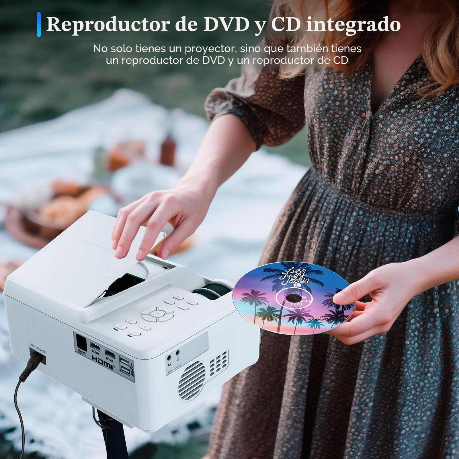 Proyector de DVD portátil con reproductor de DVD integrado, mini proyector de películas con altavoz integrado, compatible con PC/TV/HDMI/USB/AV, pantalla HD 1080P de 200 pulgadas para películas