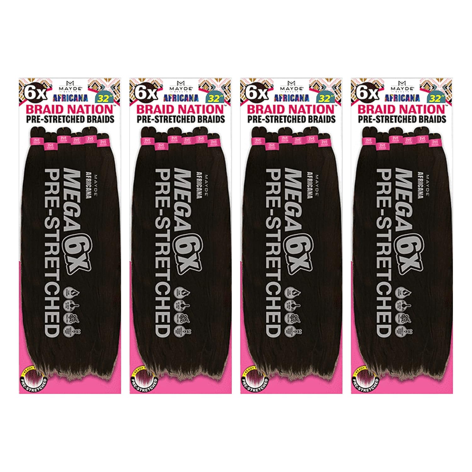 Mayde Beauty 6X Braid Nation Synthetic Pre Streched Braiding Hair 32" 4Packs (4-PACK, T530)