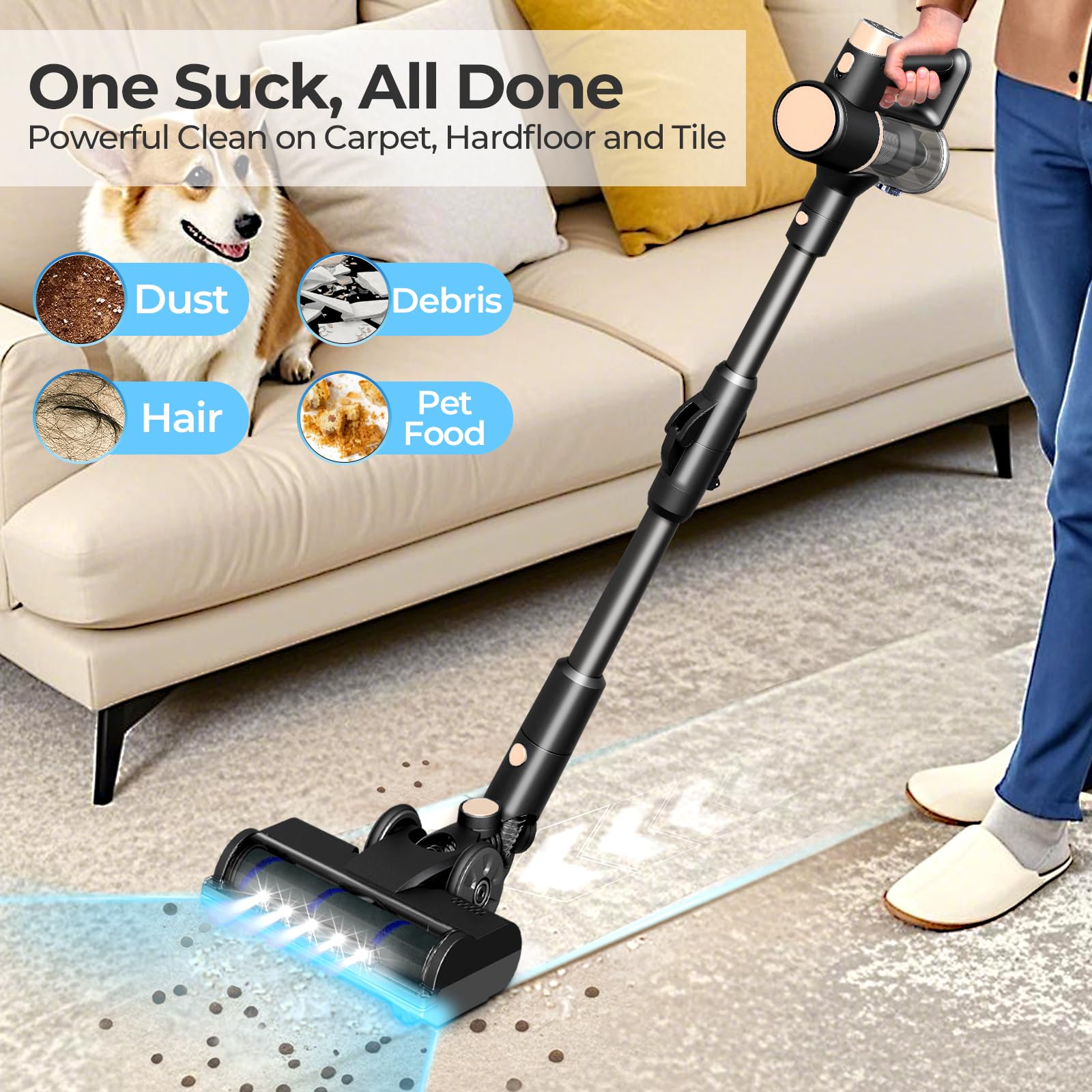 Havato Cordless Vacuum Cleaners for Home, Bendable Wand, Powerful Suction, Rechargeable Stick Vacuum, 40Min Runtime, Lightweight, Handheld Vacuum for Hardwood Floor Carpet Tile Pet Hair, Gray