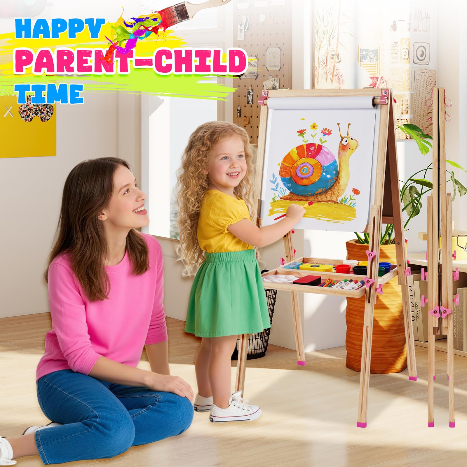 Staffelei Kinder aus Holz,Faltbare Doppelseitige Kunststaffelei für Whiteboard und Kreidetafel,Höhenverstellbar mit Papierrolle, Kreidetafel, Whiteboard, Stift, Reichhaltige Accessoires,Rosa