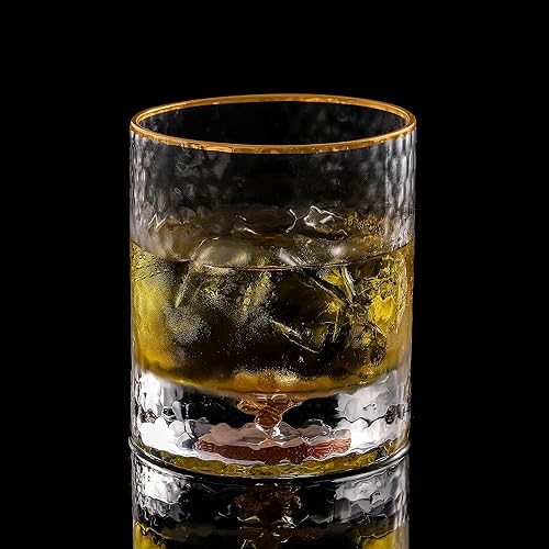 Miniatura 5 de Lysenn Vasos de whisky para hombre, vidrio antiguo con copos dorados para beber, vidrio de bourbon soplado a mano para hombres, 10 onzas líquidas,