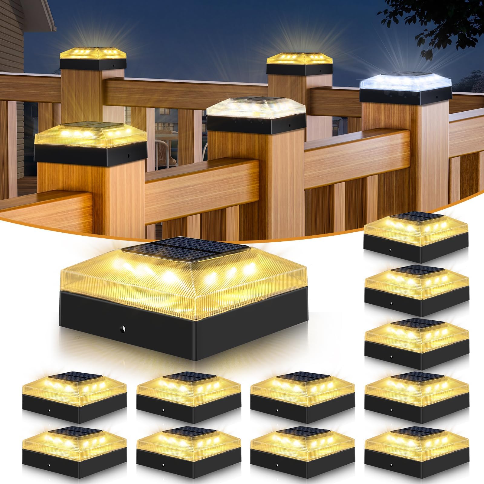 vighep 4x4 Solar Post Cap Lights Outdoor 12 Pack, 3 Color Modes/Dusk to Dawn/IP65 Waterproof, Fits 4x4 Vinyl/PVC Wood Posts Top, Black LED Fence Topper Light for Deck, Backyard