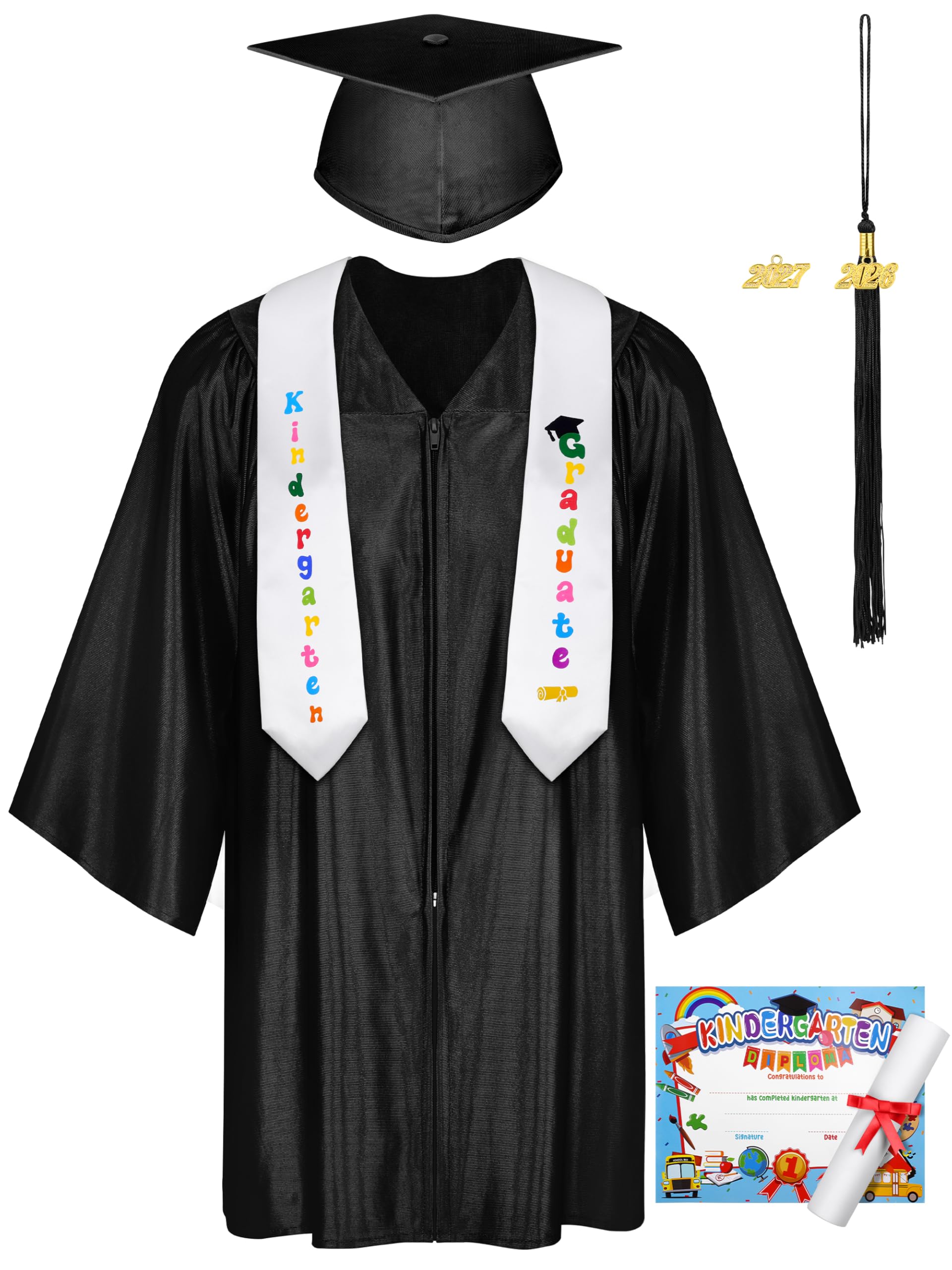 Photo 1 of SOMSOC 7 Pack Kindergarten Graduation Cap and Gown Tassel Stole with 2026, 2027 Charms Certificate for Preschool Kids
