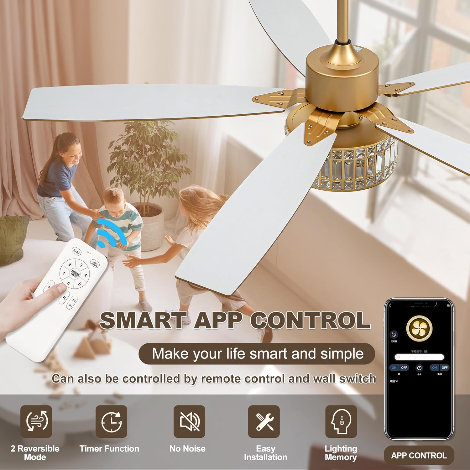 Chandelier Ceiling Fans with Lights and Remote,Caged Ceiling Fan with Light,App 5 Blades E26 Fandelier Ceiling Fans with Lights,Crystal Ceiling Fan for Bedroom,Living Room. (Gold, 52 Inch)