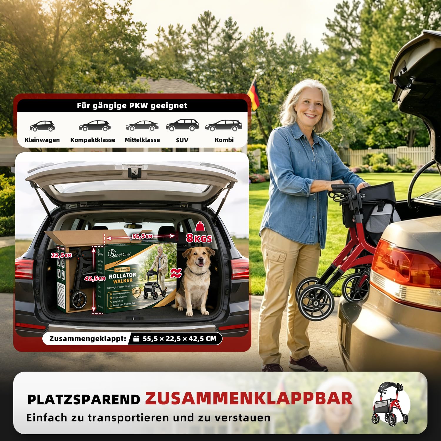BeneCane Rollatoren Outdoor, Rollator Faltbar und Leicht mit Sitz, Aufstehhilfe, Gehhilfe für Senioren, Leicht Klappbar, Höhenverstellbar, Reiserollator mit Sitzfläche, Rückengurt, Tasche, Gehwagen