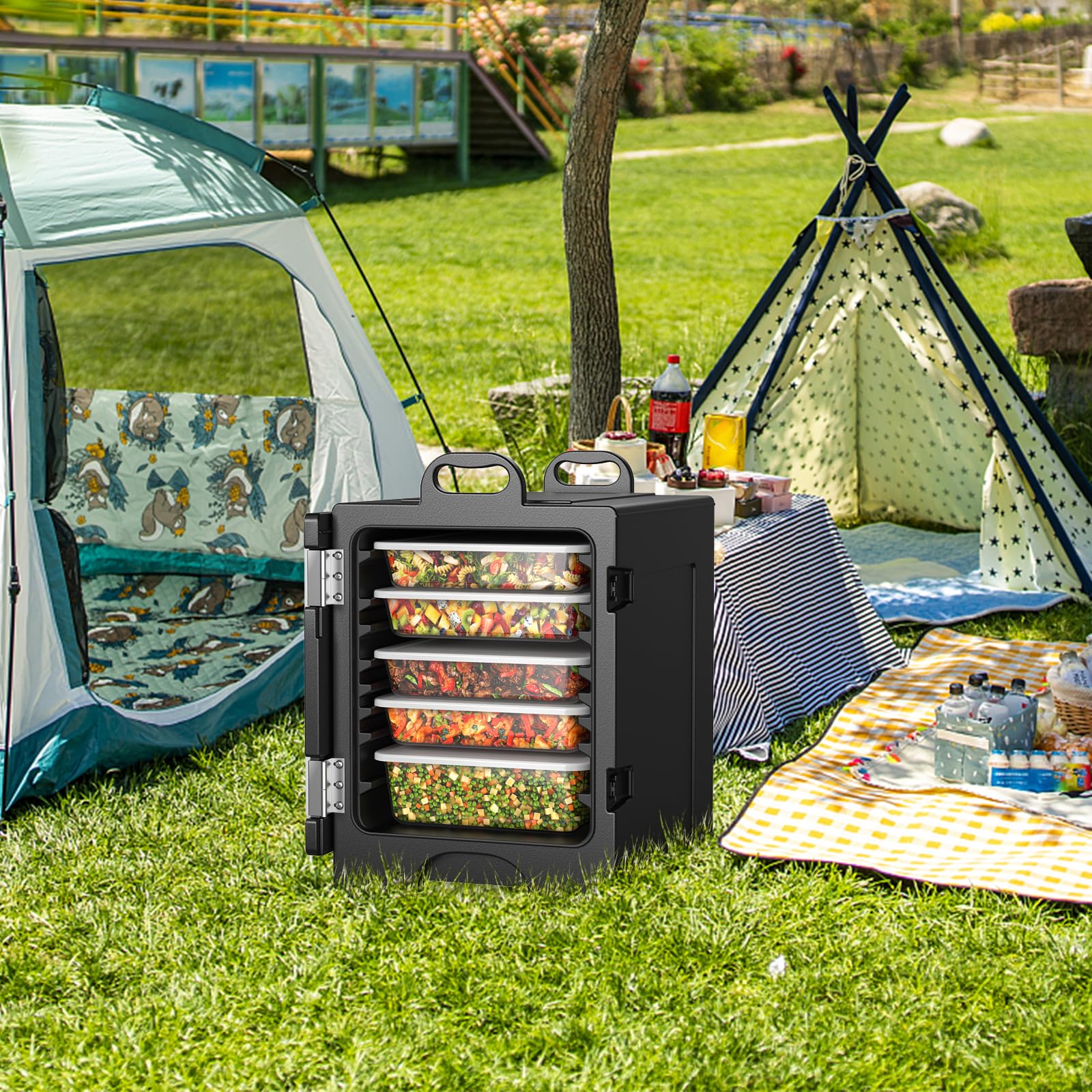 HAPPYGRILL HAPPYGRILL Insulated Food Pan Carrier, 81 Quart Food Warmer Box for 5 Full Size Food Pans, Portable Hot Box with Handles & Double Latches for Parties, Restaurants, Canteens, Black