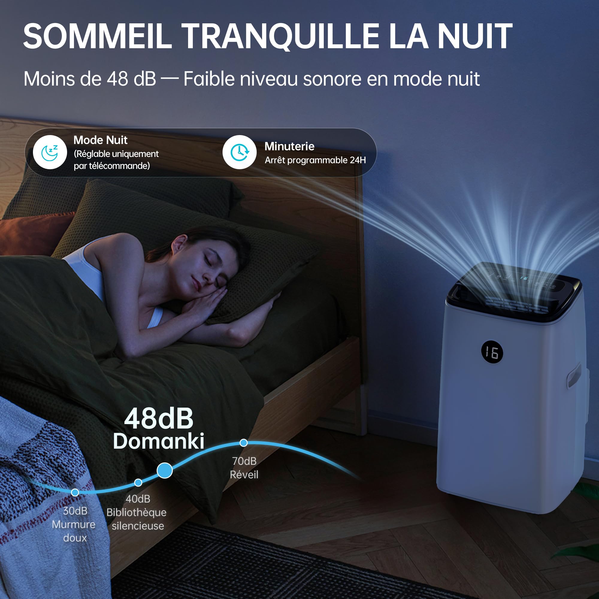 DOMANKI Climatiseur mobile 12000 BTU, clim portable 3-en-1 jusqu’à 50 m², mode nuit 48 dB, déshumidification 42 L/jour, tuyau d’évacuation, kit fenêtre inclus, minuteur 24h