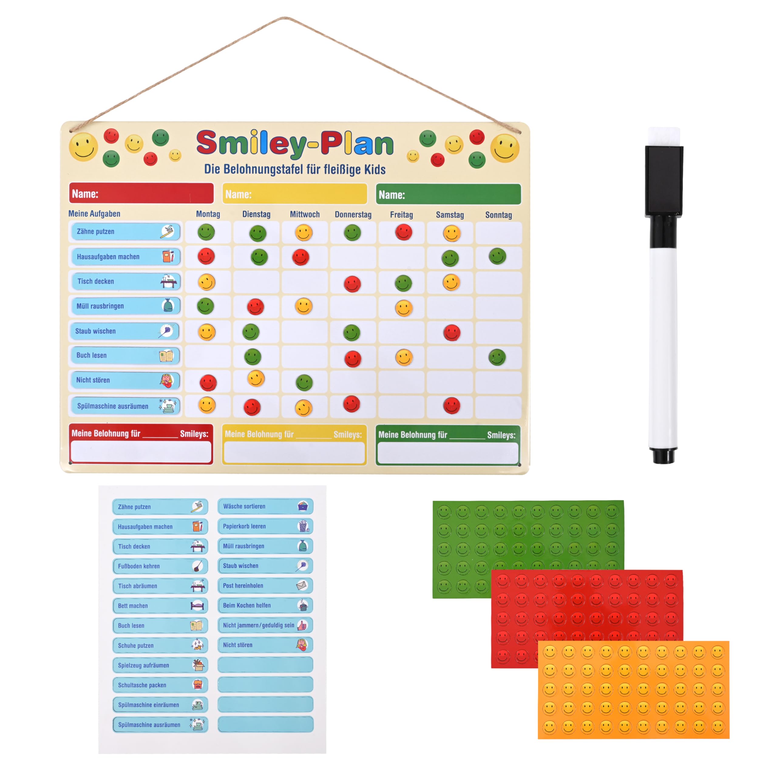 Belohnungstafel aus Metall, für Kinder, Smile-Plan, 30 x 40 cm, Magnetische Aufgabentafel mit beschreibbaren Magneten und vorgefertigten Hausaufgaben und Pflichten, Planer für Kinder