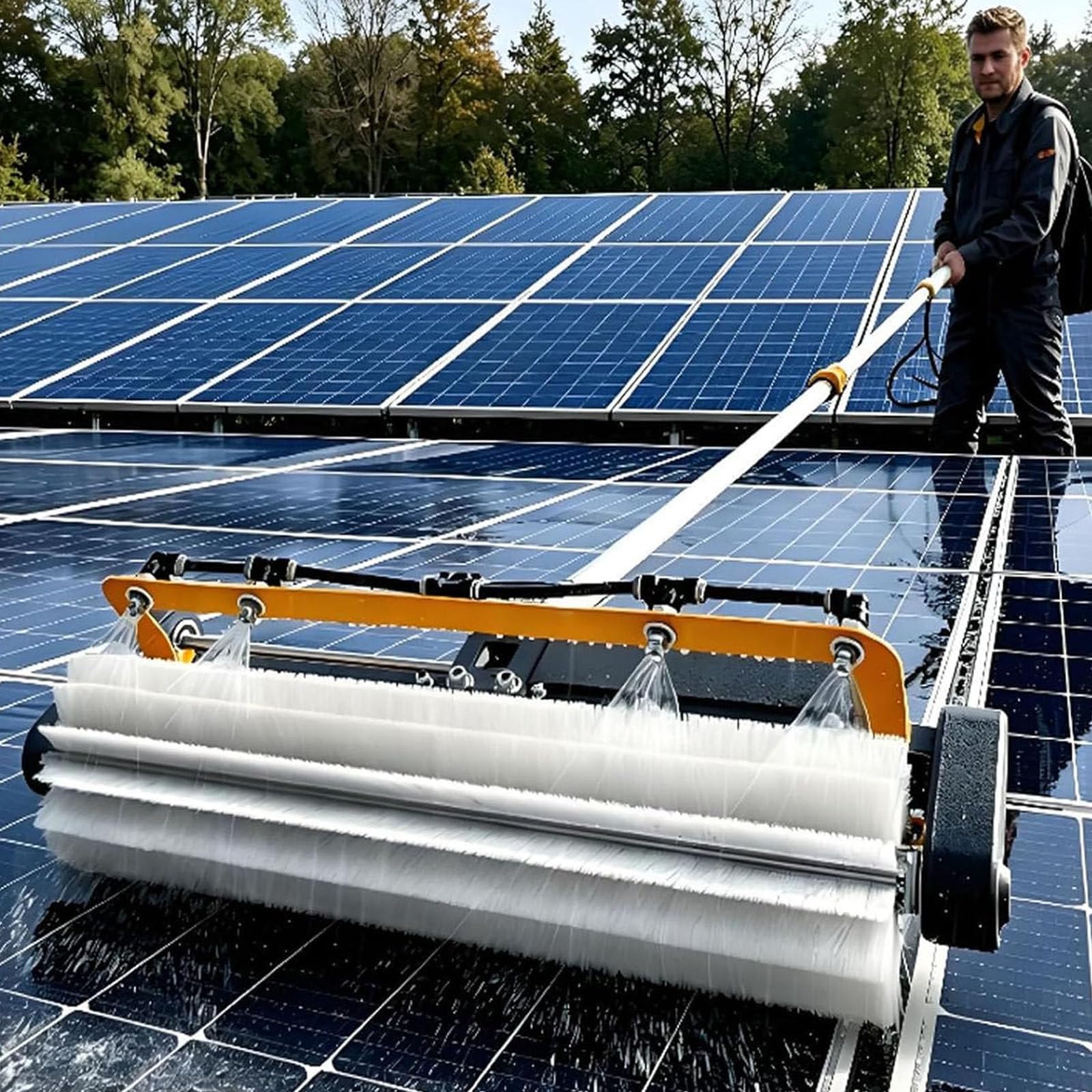 Cepillo de limpieza de paneles solares, cepillo eléctrico de rodillo de lavado de paneles fotovoltaicos, 150 W/380 rpm, modos húmedo/seco, cabezal de 60 cm, poste de alimentación de agua de 3,5 m