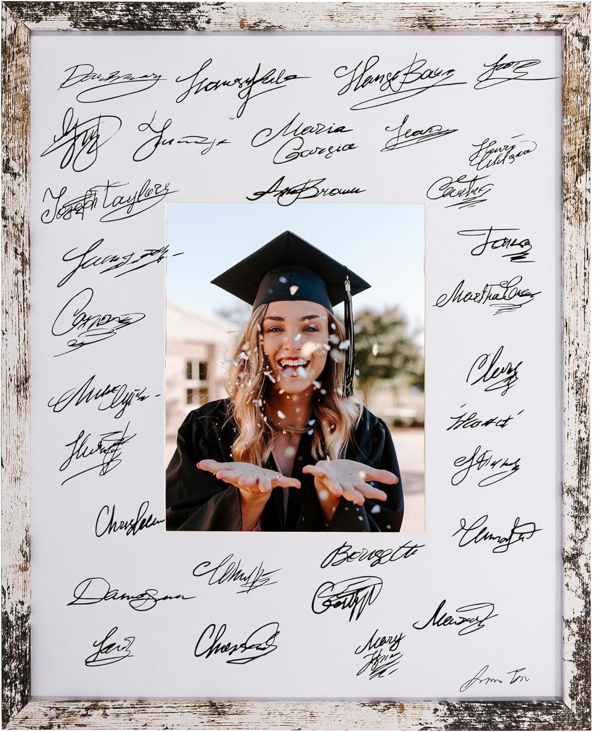 GraduatePro 16x20 Signature Picture Frame Board for 8x10 Photo with Signable Mat for Birthday Baptism Party Graduation Wedding Guest Book Rustic White