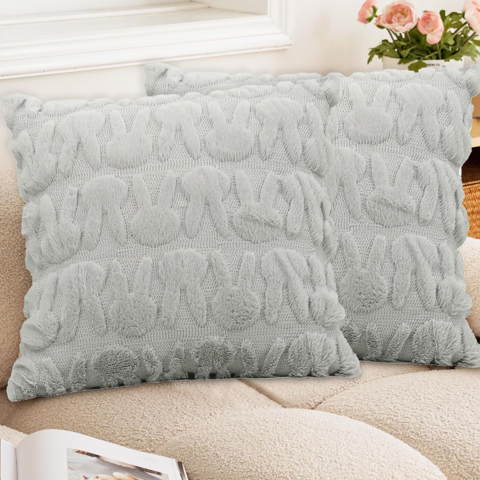 kaiwern 2X Easter Pillow Covers 17.7X 17.7 Soft Plush Faux Wool Fur with 3D Embroidery Easter Bunny Design for Home Easter Spring Decor on Sofa, Couch, Skin-Friendly (Grey, 40X40)