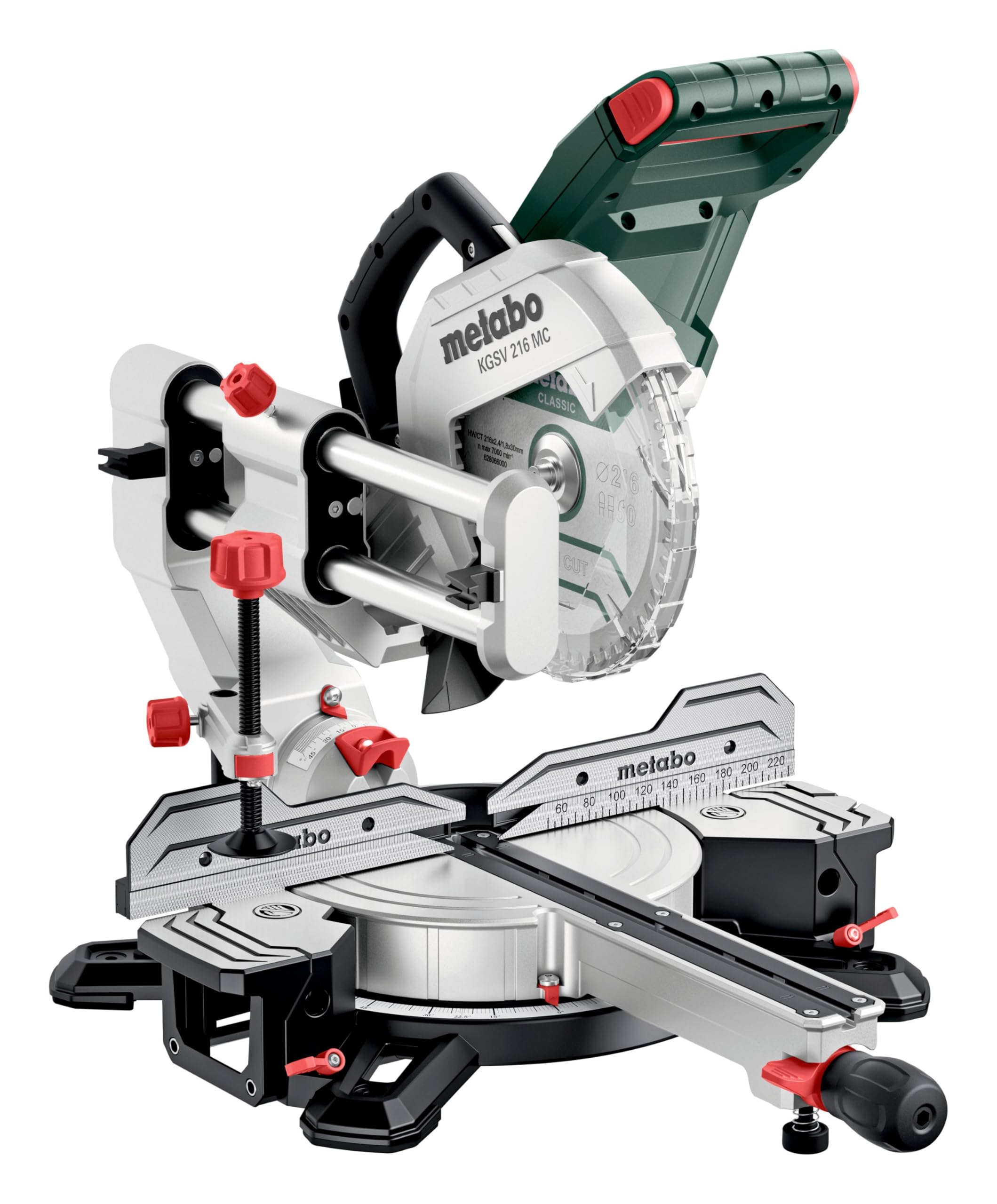 metabo Piła ukośna KGSV 216 MC – 1200 W, brzeszczot 216 mm – z funkcją ciągnącą – linia cięcia LED, zmienna prędkość obrotowa, możliwość pochylenia po obu stronach, kompaktowa, dokładne cięcie