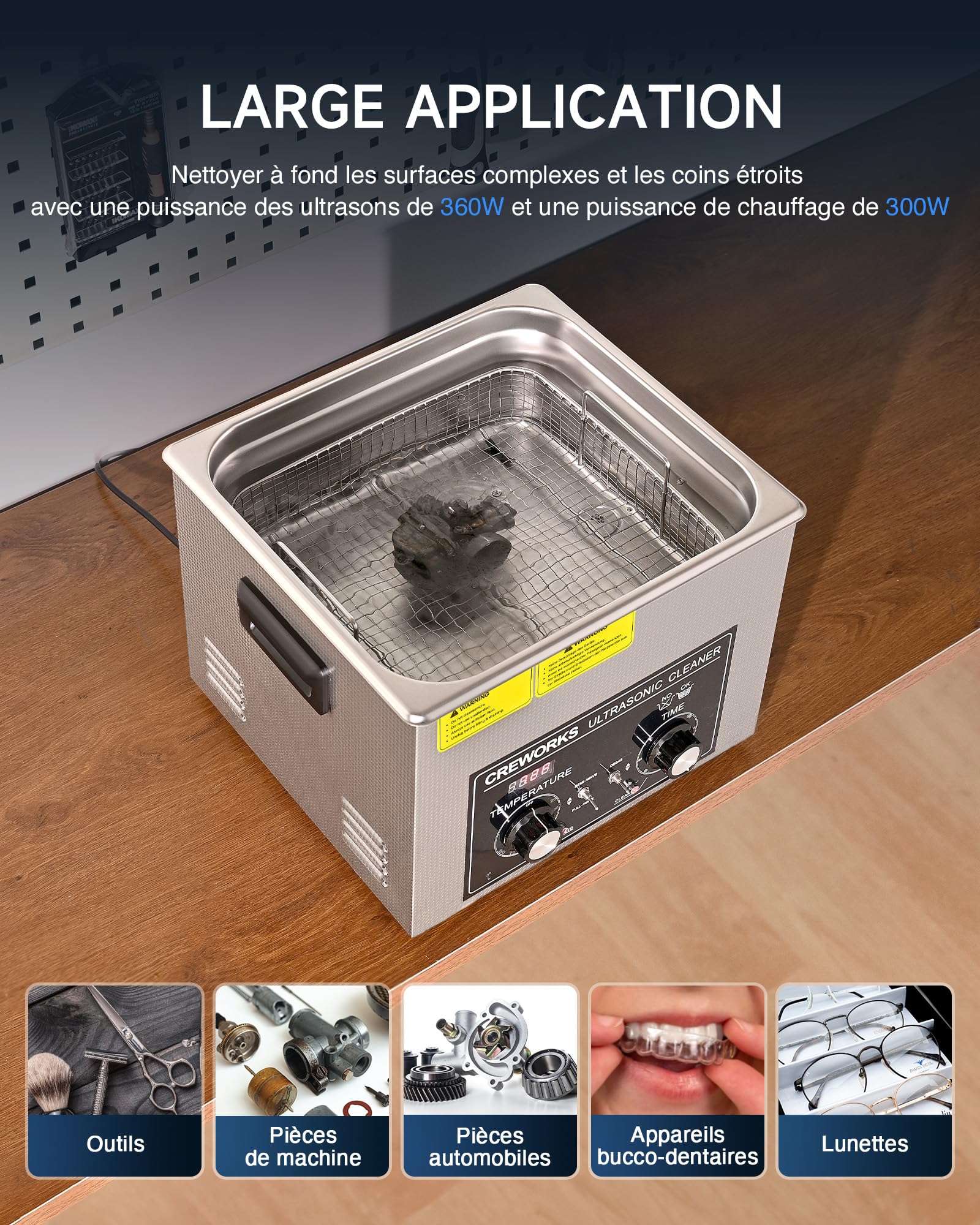 CREWORKS Nettoyeur à Ultrasons Professionnel 15L 360W avec Chauffage 300W, Minuterie 1-30min, Modes Dégazage et Doux, Réservoir Inox 304 40kHz pour Pièces Auto, Bijoux, Instruments Dentaires