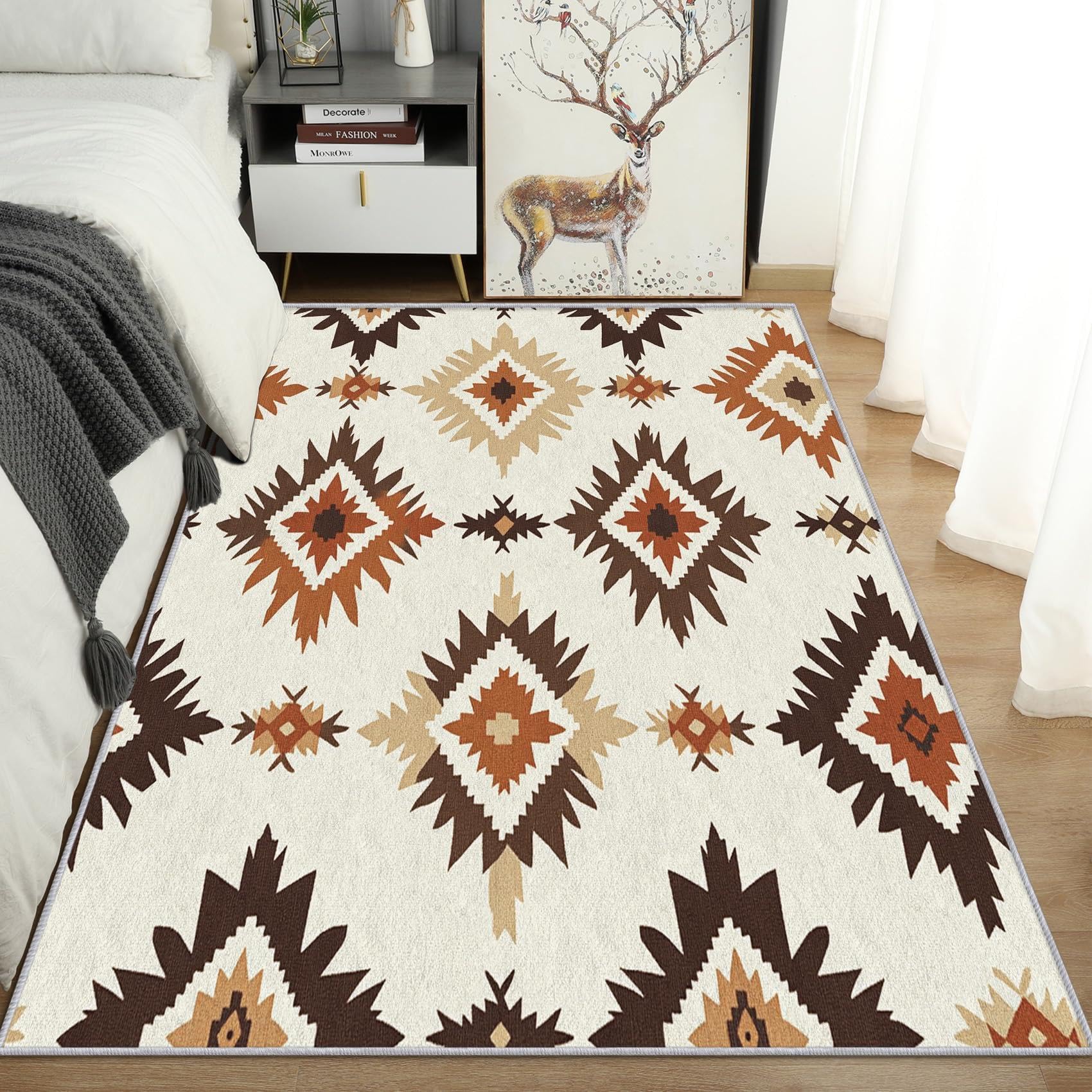 Tapis aztèque du sud-Ouest pour Salon 70 x 140 cm, Tapis amérindien pour entrée, Chambre à Coucher, Tapis de Sol d'intérieur géométrique bohème, paillasson Lavable et antidérapant, Marron