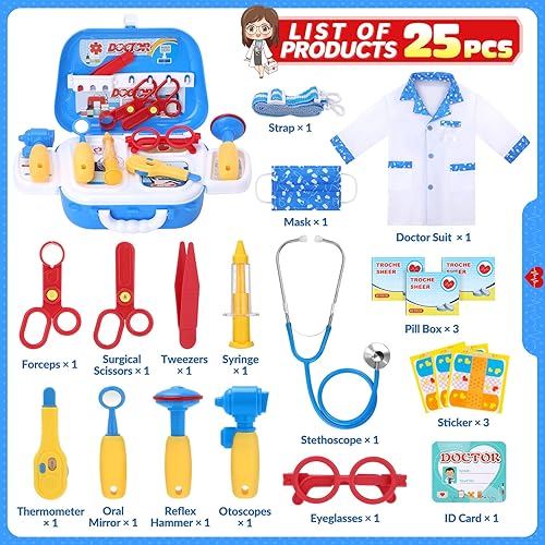 Miniatura 8 de Kit de doctor para niños, kit de doctores rosa para niños, 22 piezas, regalo de juego de doctor para niños, juego de juguetes médicos con juego de