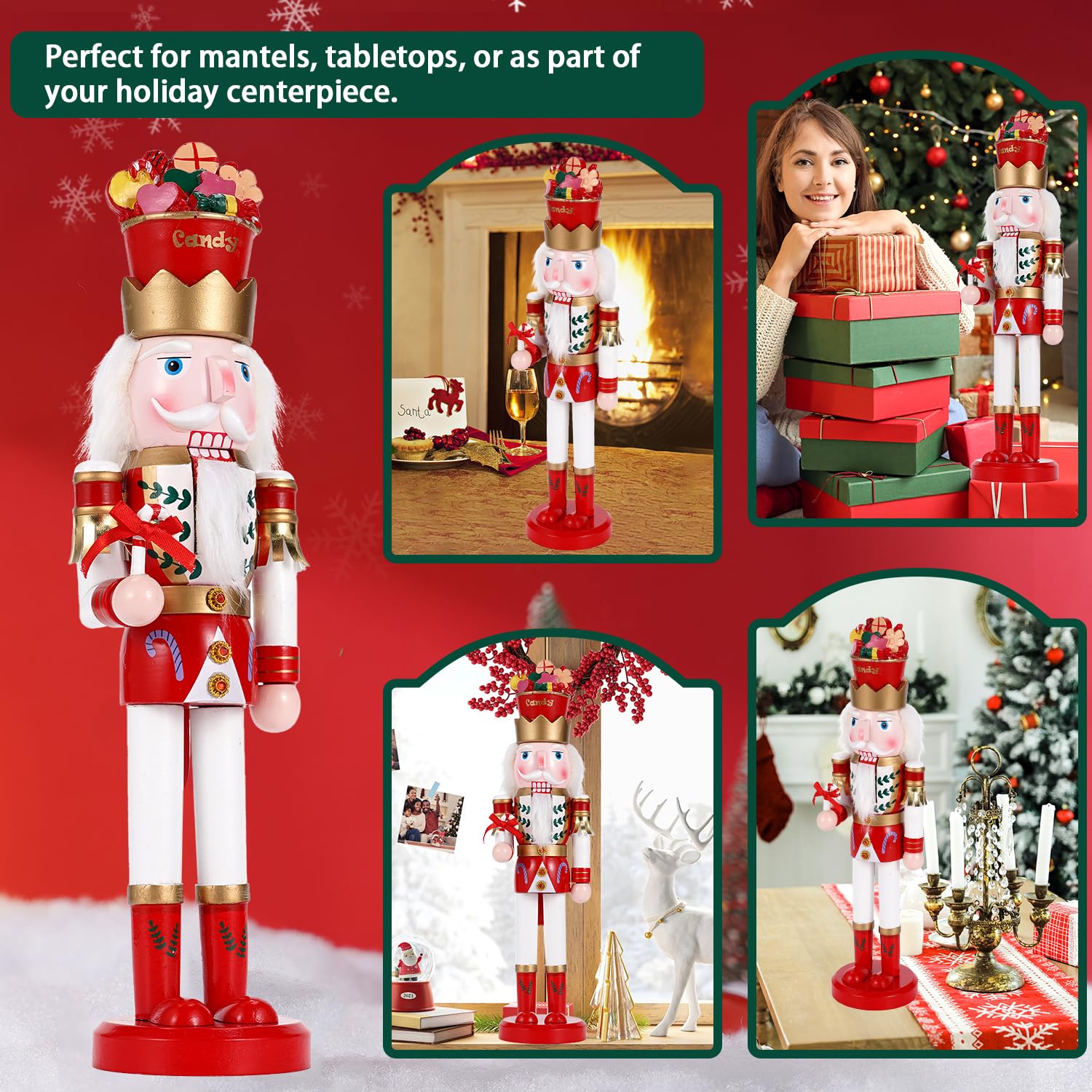 Schiaccianoci gigante da 38 cm (15 pollici) con bastoncino di zucchero e ghiaccio - Figura da collezione in legno - Decorazione natalizia creativa per casa, feste o come regalo (versione