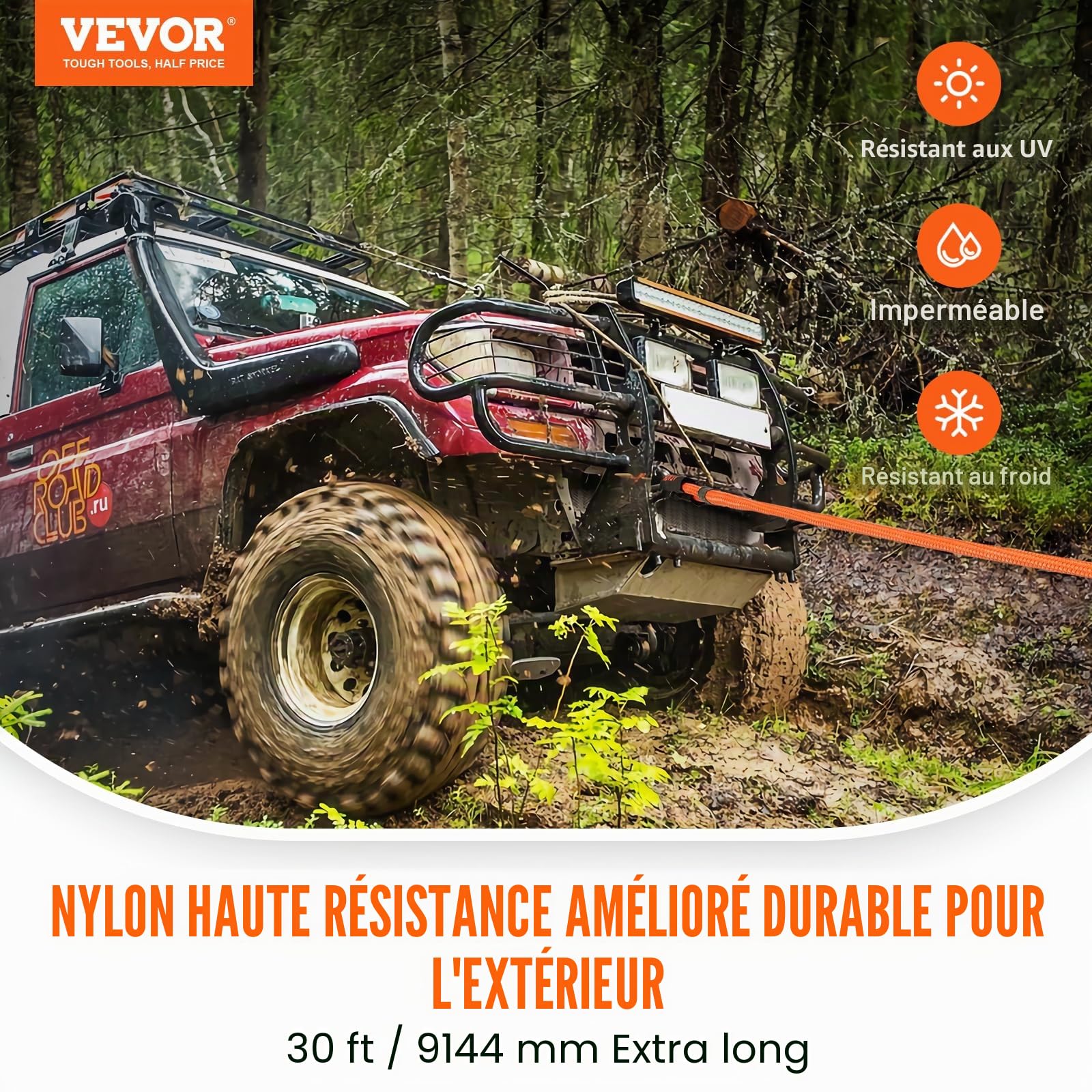 VEVOR Corde de remorquage de récupération cinétique, 25,4 mm x 9,1 m, Sangle d'arrachage Robuste Tout-Terrain, 17237 kg, énergie résistante à 30% d'élasticité pour Jeep Voiture Camion ATV UTV SUV