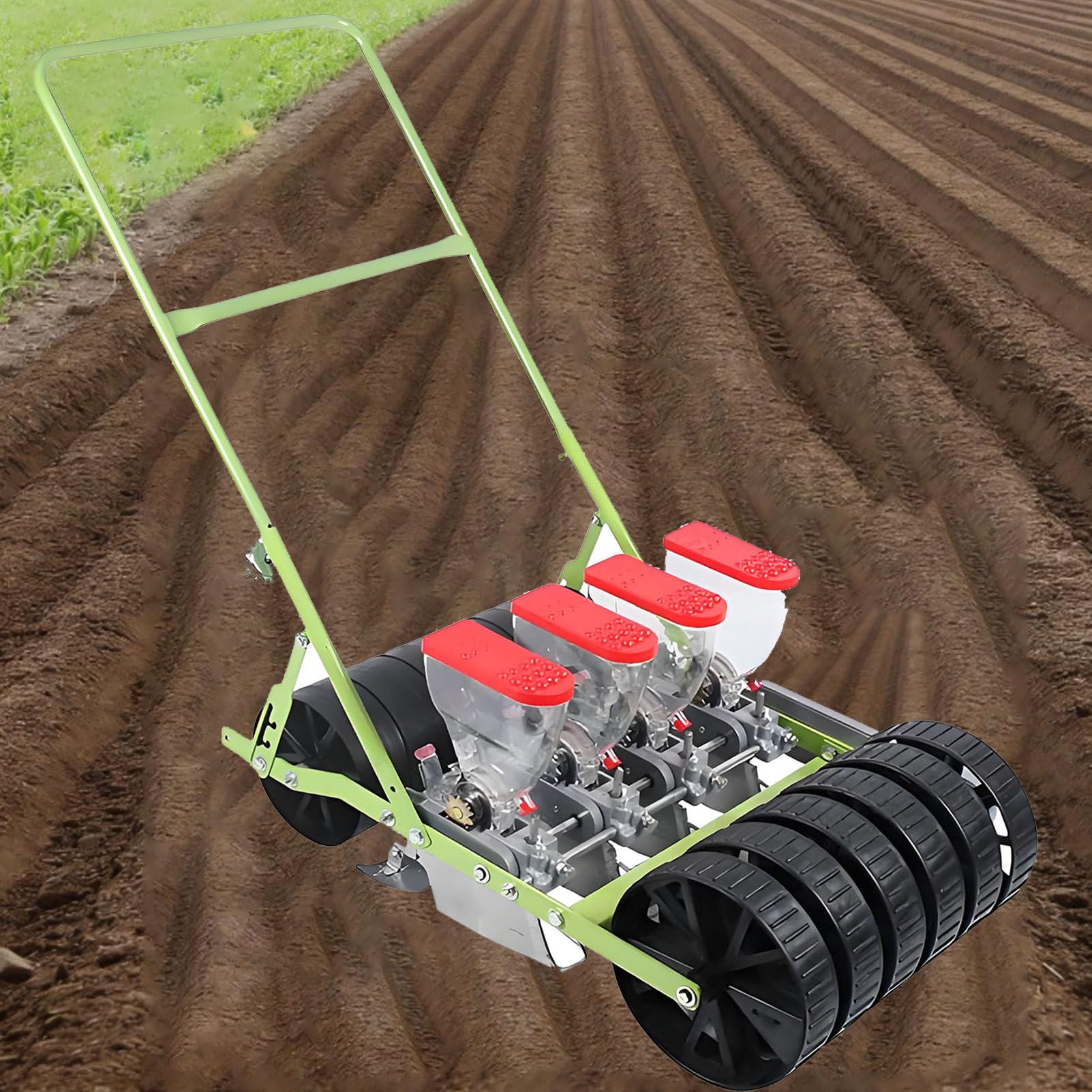 Seminatrice Manuale a Spinta per Giardino – Seminatrice di Precisione Manuale per Agricoltori – per Semina di Ortaggi, Mais e Fagioli – Spargisemi da Giardino 4Row