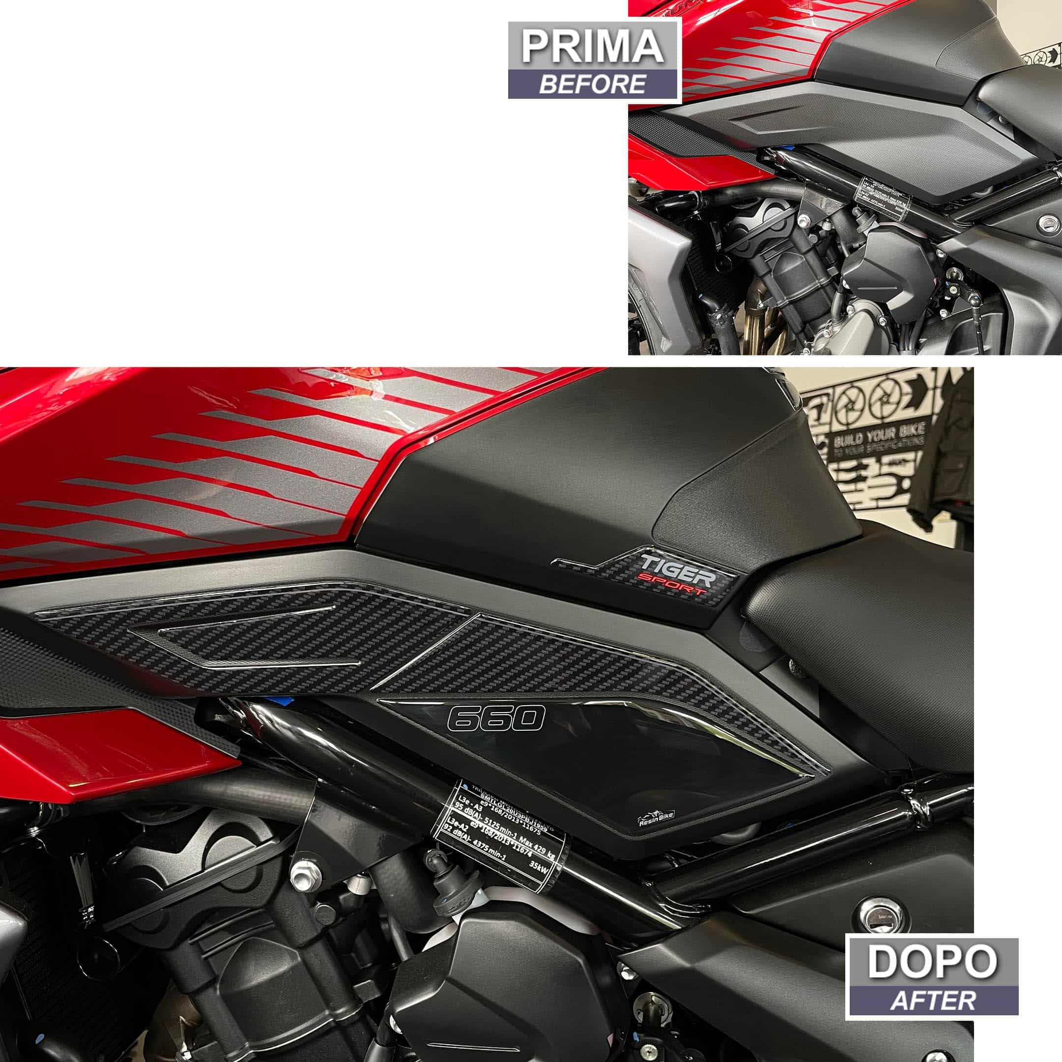 Resin Bike Aufkleber Motorrad Kompatibel Mit Tiger Sport 660 2022-2026. Motorrad Seitenschutzgitter Grip Tank-Schutzfolie vor Stößen und Kratzern. Aufklebersatz 3D-Harzklebstoff