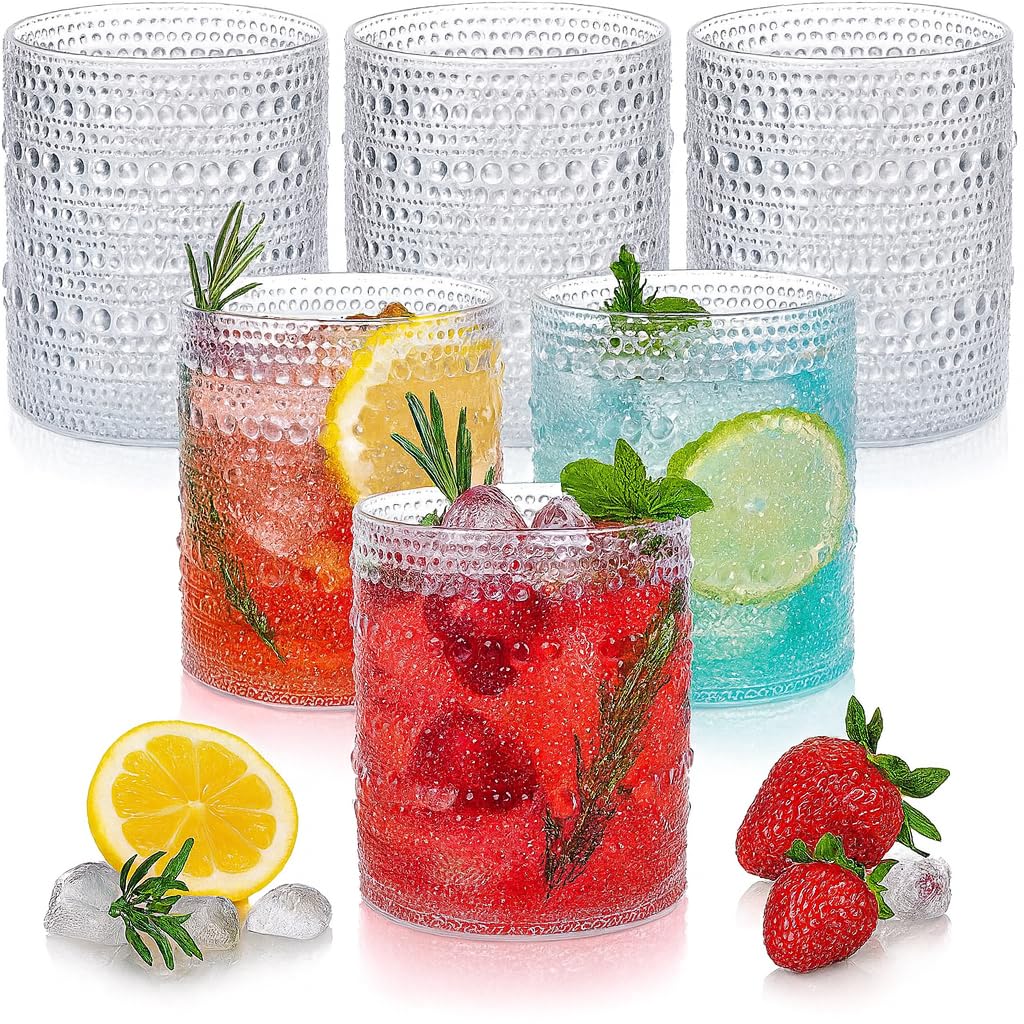 Plastic Hobnail Drinking Glasses Set of 6 Tritan Lowball Cups 14oz Shatterproof Unbreakable Acrylic Beaded Design BPA-Free Dishwasher