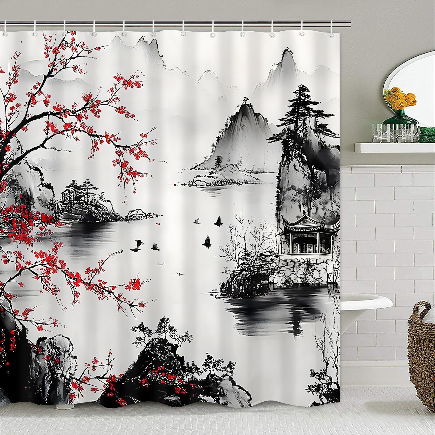 Ensemble de rideau de douche 4 pièces avec rideau de douche et tapis, rideau de bain de style japonais avec crochets pour décoration d'intérieur