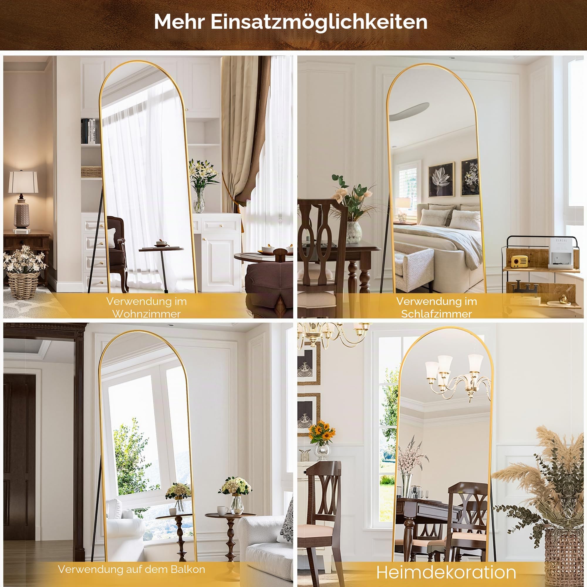 Antok 179x65 cm Gewölbter Ganzkörperspiegel - Standspiegel Groß Voller Länge Stehspiegel Stehend Spiegel mit Rostfestig Aluminium Rahmen, Robustem Glas in HD für Schlafzimmer Wohnzimmer Garderobe