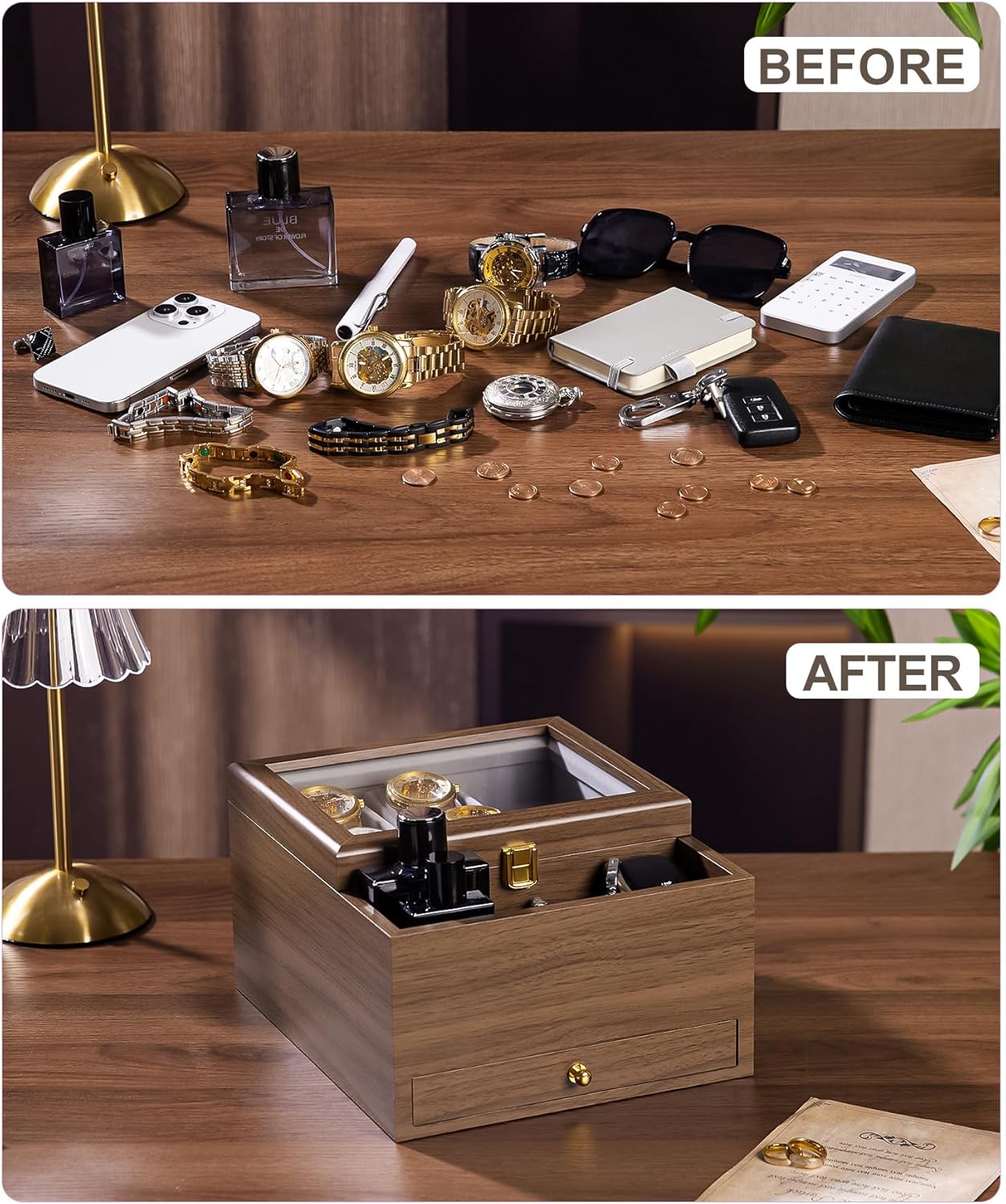 Homde Watch Box for Men Jewelry Organizer with Real Glass Watch Case for Ring, Bracelet, Watch, Necklace, Earrings, and Accessories - Image 6