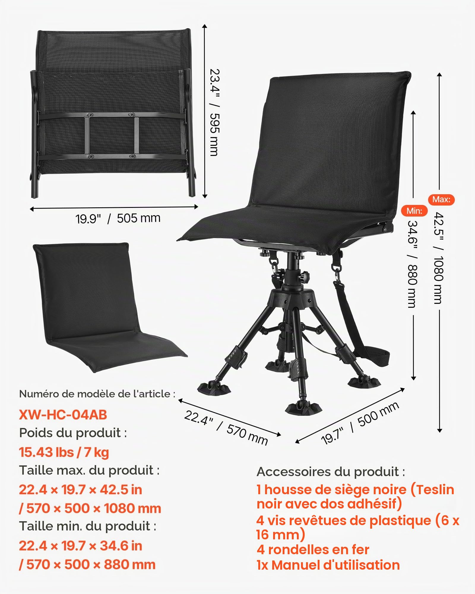 VEVOR Chaise de Chasse Silencieuse Pivotante à 360°, Siège de Chasse Pliable et Portable, Cadre en Acier Robuste, avec Housse, Pieds Anti-enfoncement, Hauteur Réglable, pour Pêche et Camping