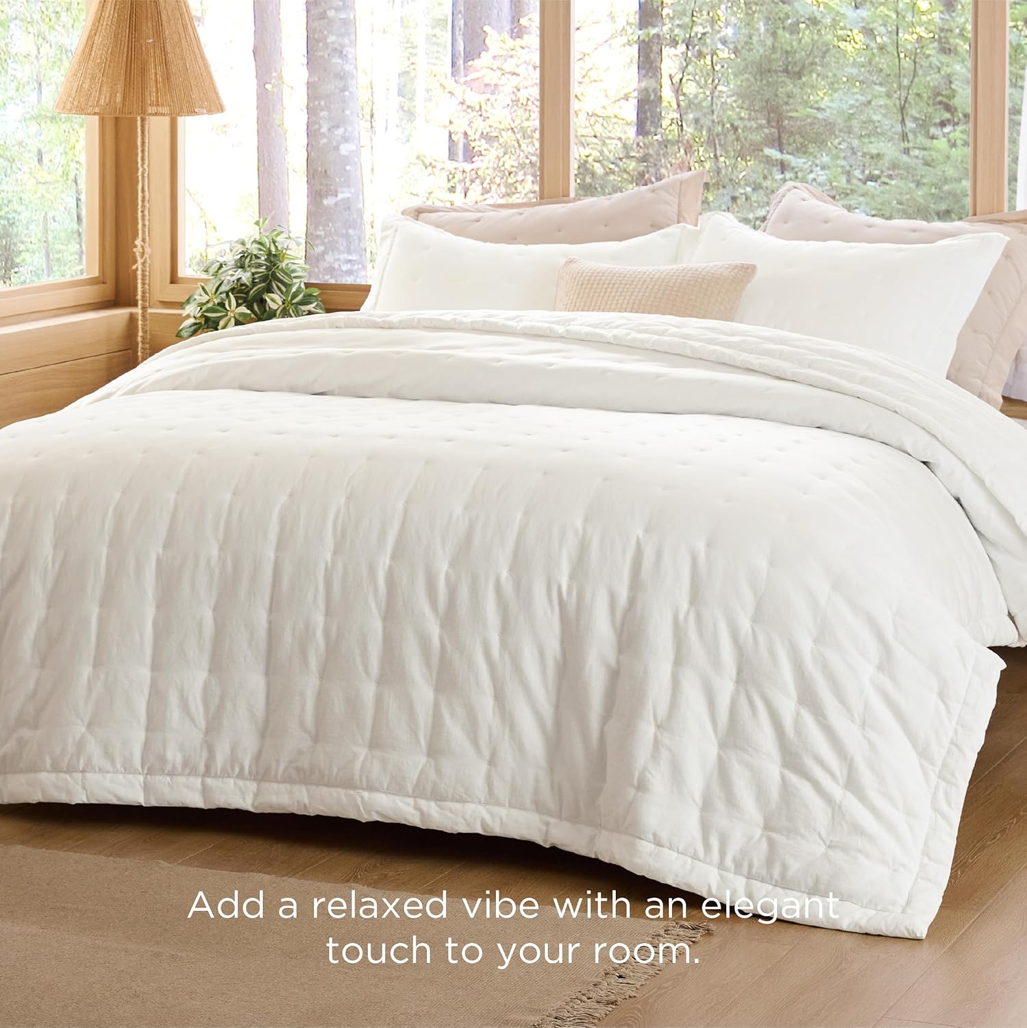 Bedsure Linen Quilt Queen Size, Cotton Linen Blend Quilt Set with Natural Wrinkles - 3-Piece All Seasons Bedding Set - White (90x96)