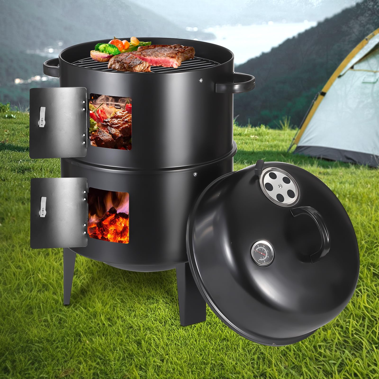 Vertical 17 Inch Charcoal Smoker Grill with Thermometers and Air Vent, Multi-Layer Meat 3-in-1 Portable light weight with 2 Access Doors Grill Smoker (17 INCH) : Patio, Lawn & Garden