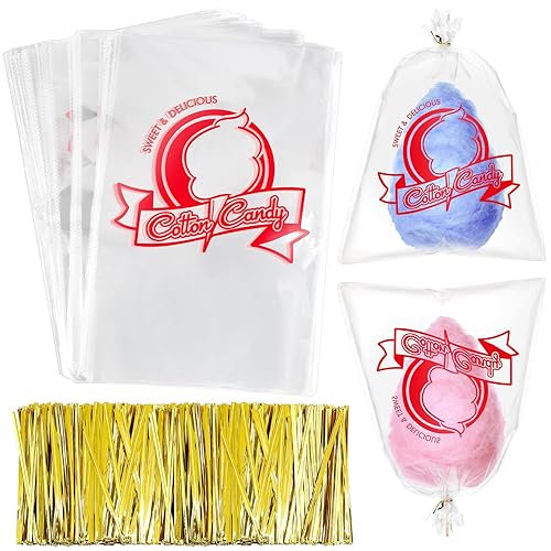 Geyee 500 bolsas de algodón de azúcar con lazos, algodón de azúcar con estampado transparente para carnaval grande para fiestas y cocina, 11.8 x