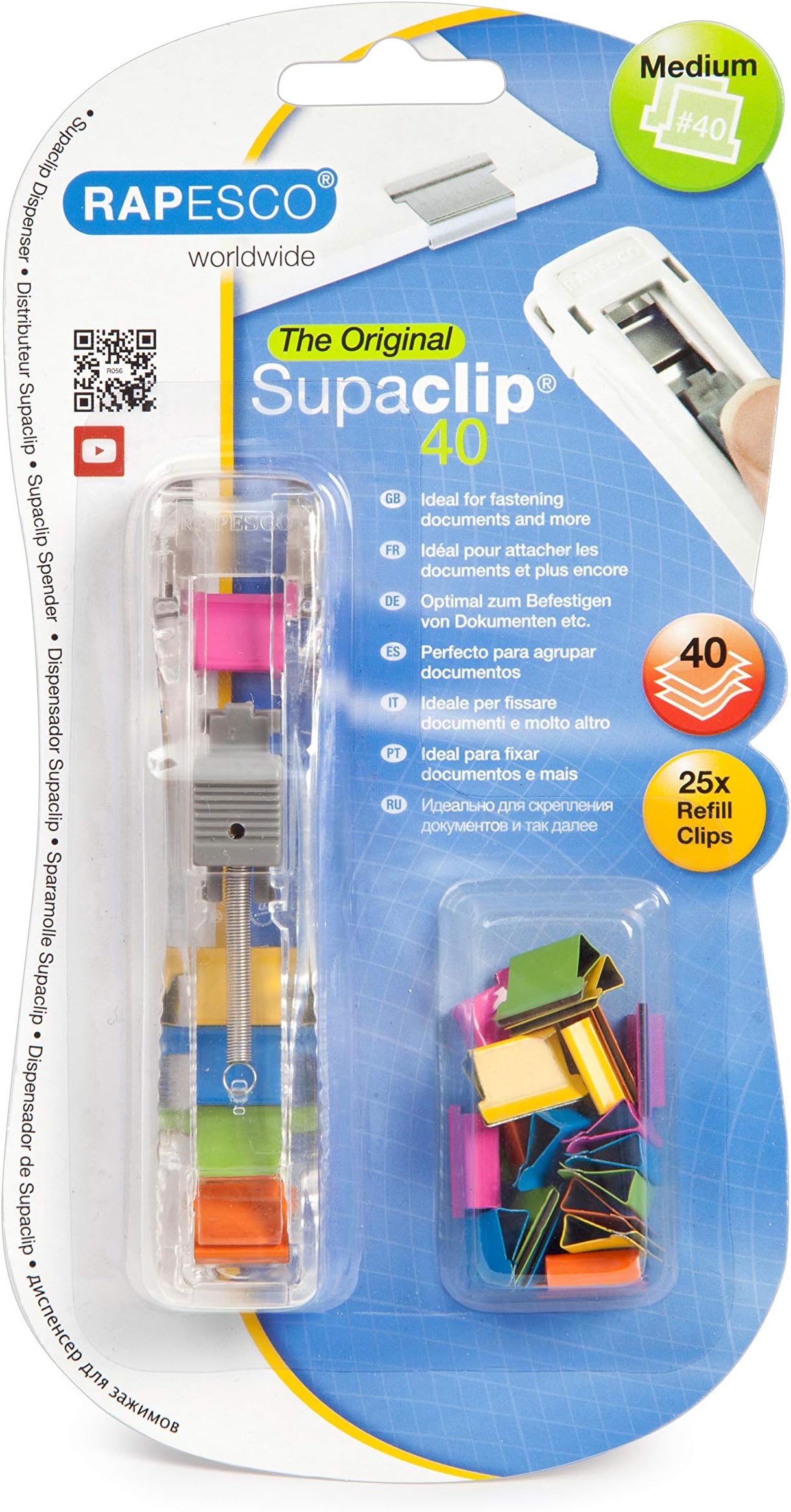 Rapesco Supaclip 40 Kit - Dispenser Con 25 Mollette Acciaio E 150 Ricariche Colorate