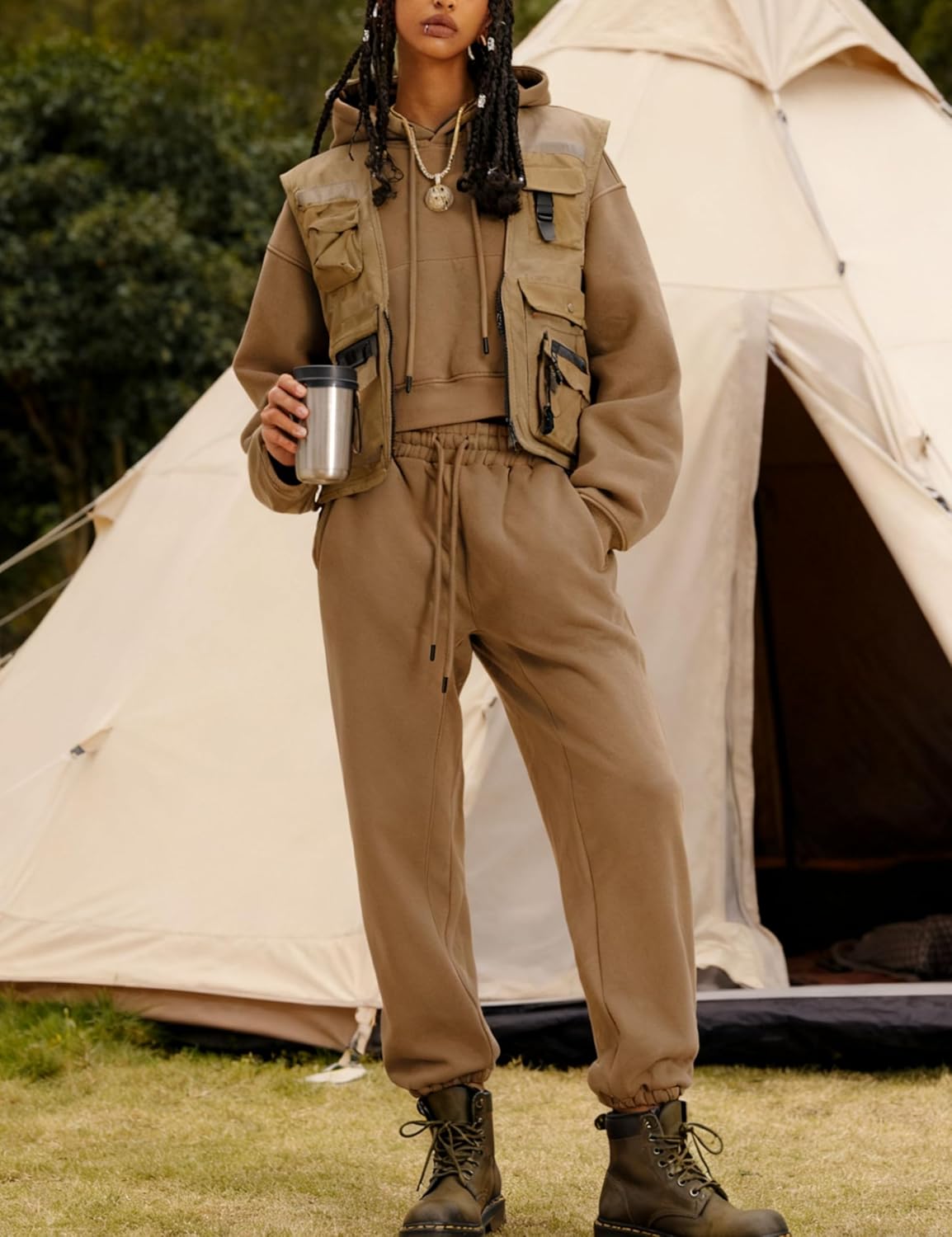 Womens Fleece 2 Piece Outfits Sweatsuit Crop Hooded Pullover Sweatshirt Top Jogger Sweatpants Tracksuits Set - Image 2