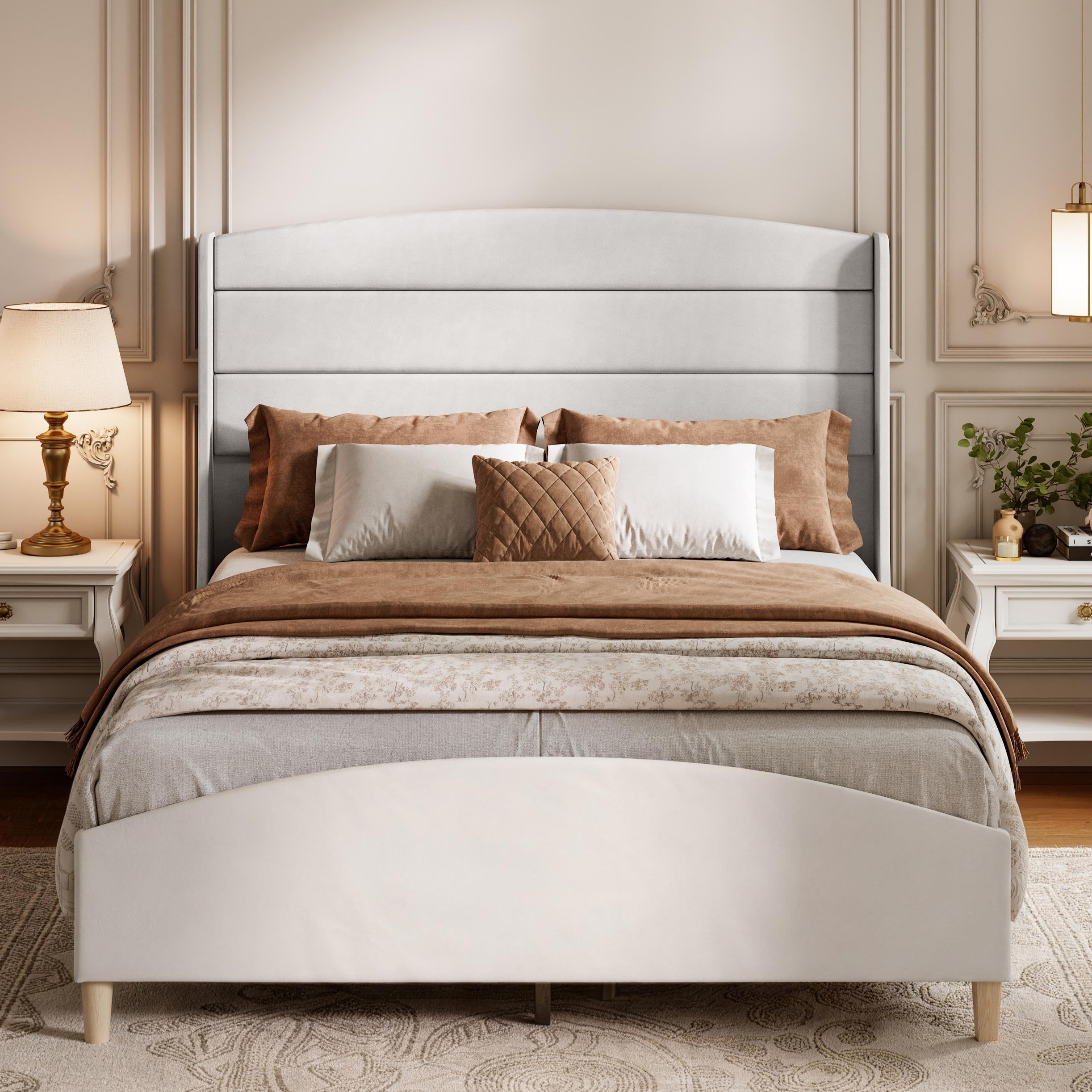 View 1 of **PARTIAL SET/MISSING HEAD & FOOT BOARD** Garvee King Size Bed Frame,Soft Linen Upholstered Platform Bed with 51.6" Tall Wingback Headboard/Raised Footboard,Sturdy Wood Legs/Slats,Noise-Free,No Box Spring Needed,Modern Minimalist Style,Cream