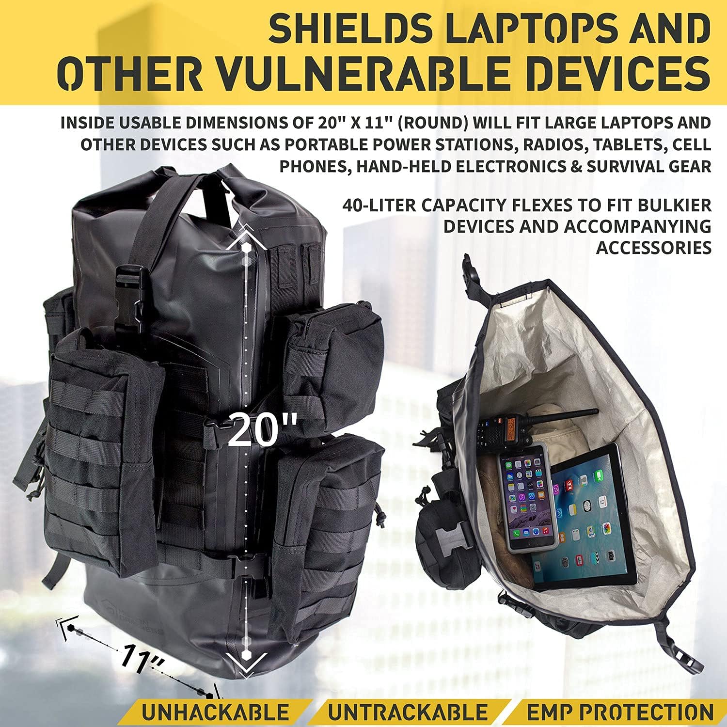 Uр Tо 40% оƒƒ Mission Darkness Dry Shield Faraday Backpack 40 Liter Capacity. Waterproof Tactical Bag with MOLLE Webbing and Removable Packs. Signal Blocking Anti-tracking EMP Shield Data Privacy for Electronics