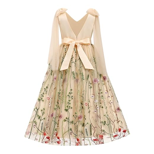 Flower Girl Maxi Dress Wedding Formal Bridesmaid Floral Embroidered Tulle Skirt Princess Pageant First Communion Gown