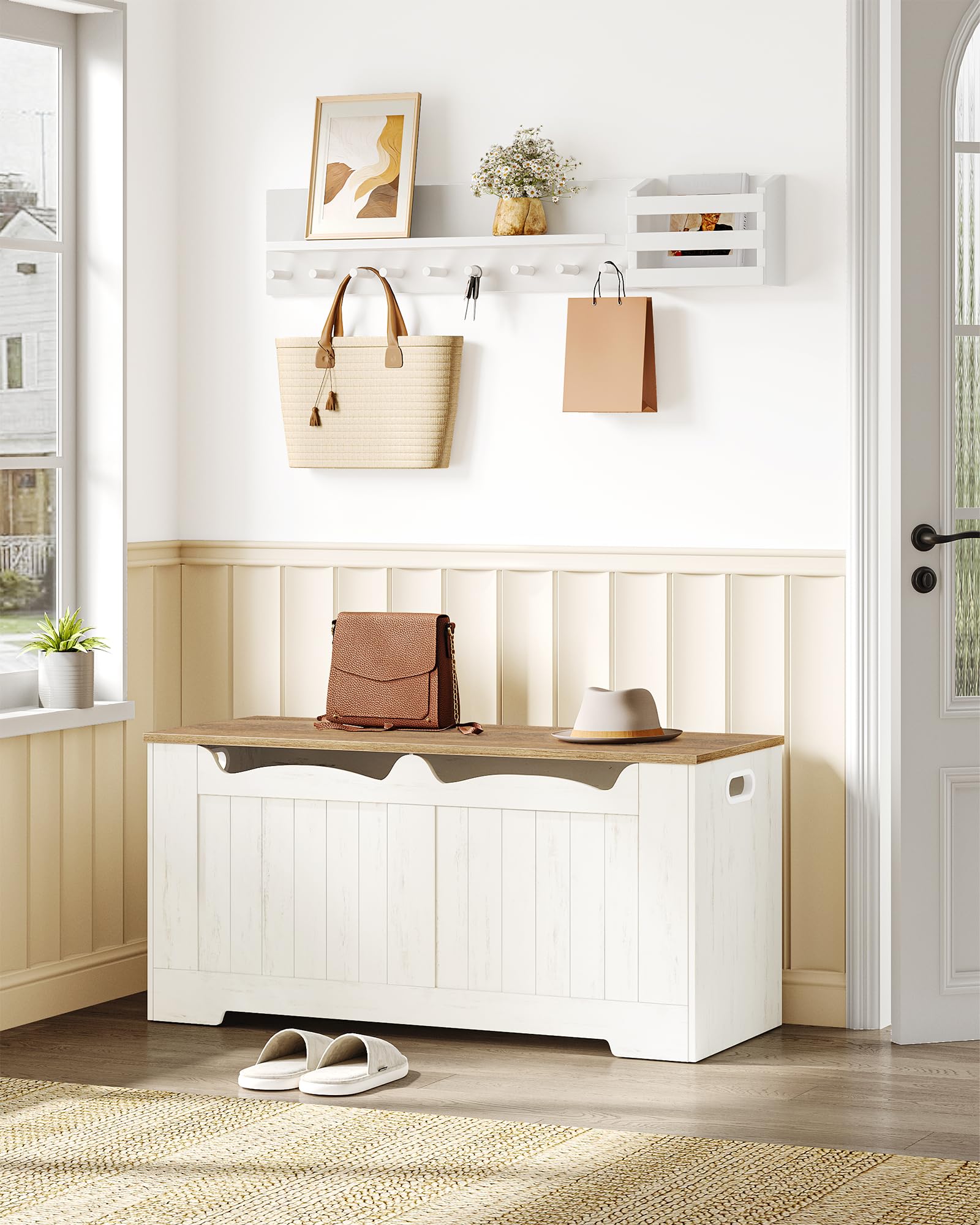 Hzuaneri Coffre de Rangement, Banc de Rangement, Blanc Marron | 2 Charnières Stables, 40 x 100 x 48 cm, pour Entrée, Chambre, Salon, SB01014B