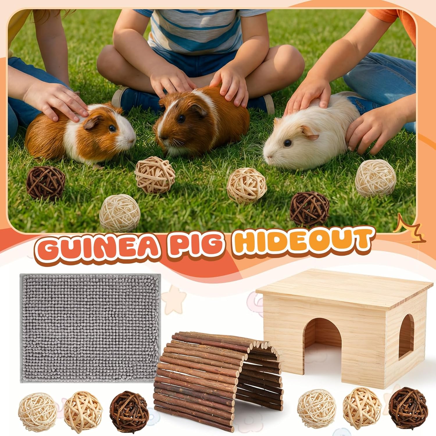 9 Pcs Wood House Guinea Pigs Hut Hideout with Rolling Chew Toys for Small Animals Accessories, Toys, and Supplies Guinea Pig Liner Washable Cage Liner Guineapig Habitat Cage Accessories
