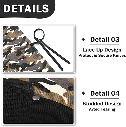 Miniatura 5 de Kaaltisy Rollo para cuchillos de chef, rollo de lona encerada de 16 onzas para cuchillos de cocina (camuflaje y negro)  Estuche para cuchillos con