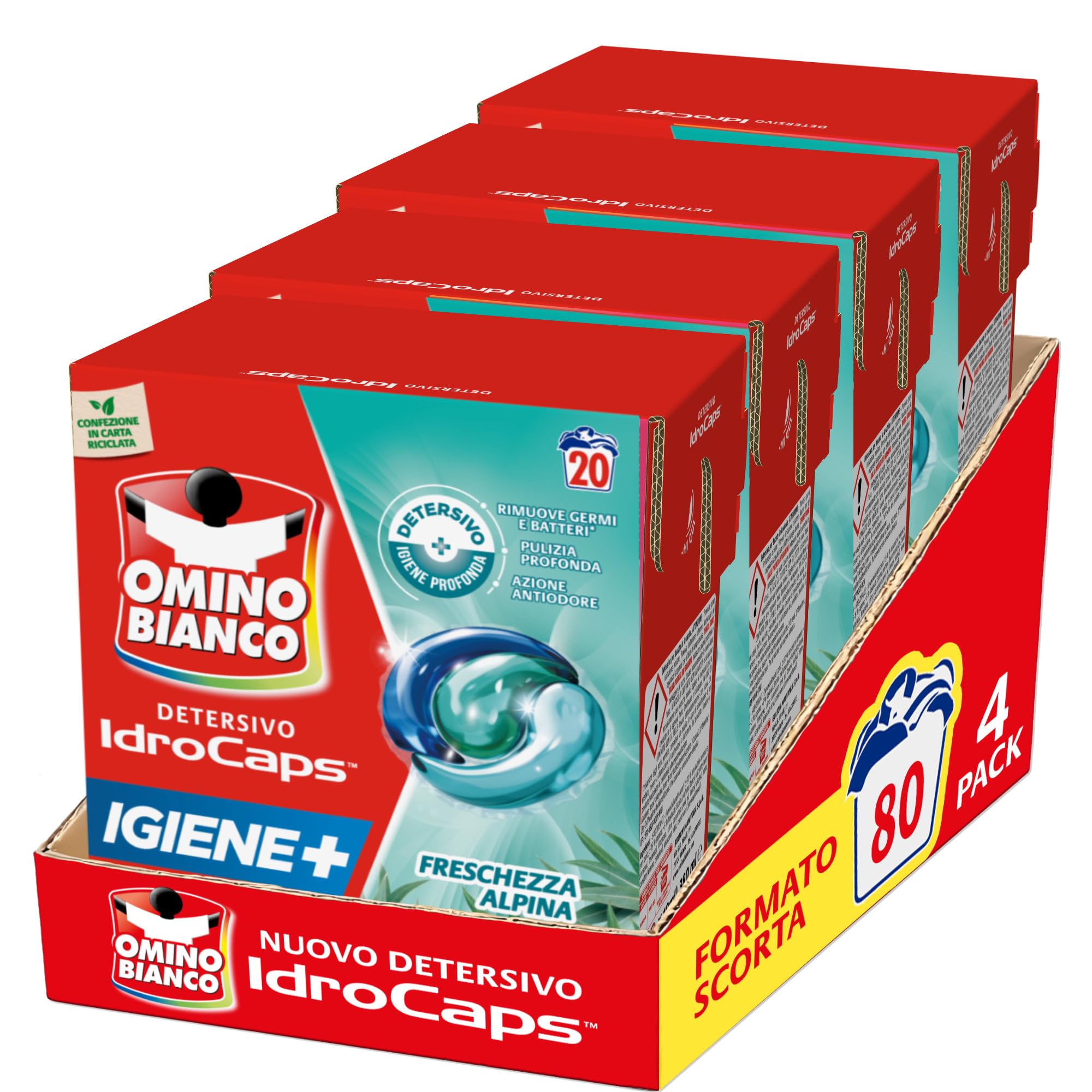 Omino Bianco Idrocaps - Detersivo Lavatrice in Capsule Igiene, 80 Lavaggi, Efficace a Basse Temperature, Profumo Freschezza Alpina, 20 Caps x 4 Confezioni
