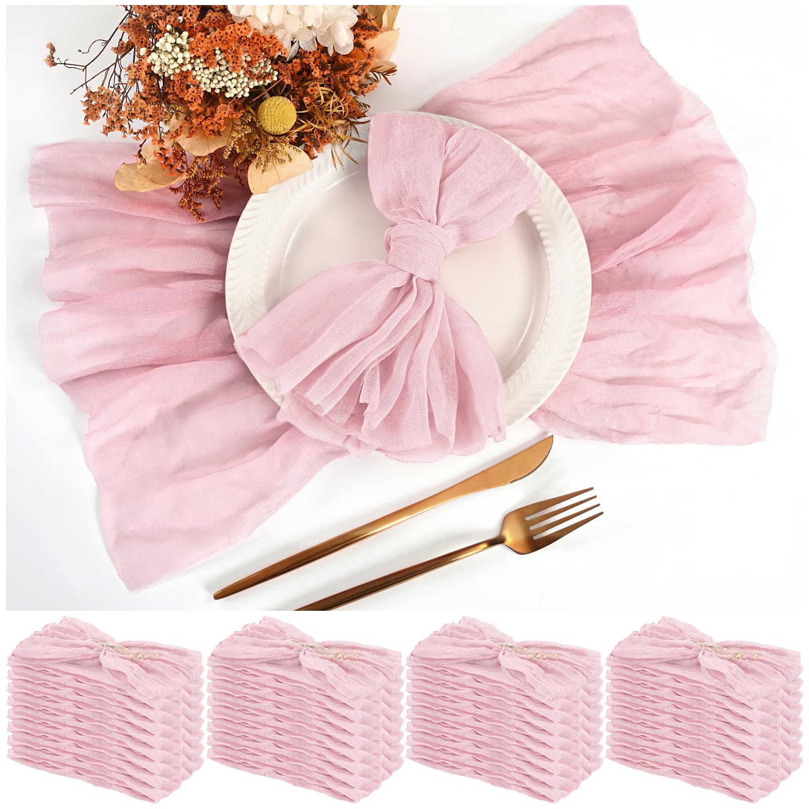 Teruntrue 30 Pack Light Pink Cheese Cloth Napkins Gauze Napkin Cloth Bulk Set of 30 Washable Boho Dinner Table Napkins for Wedding Party Birthday Party Decorations，20 x 20 Inch