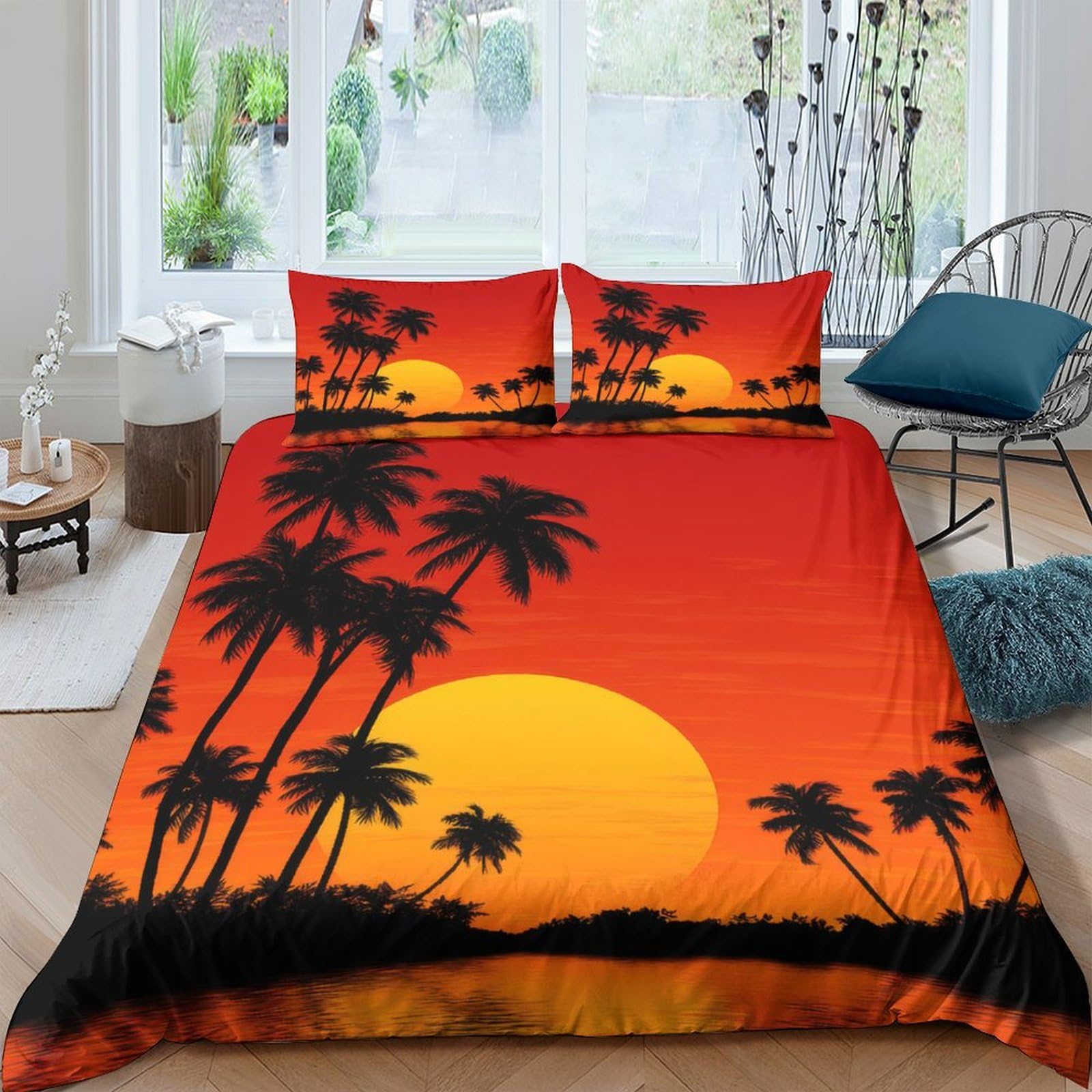 Ctjqhvkz Style-5 3D Printed Sunset Palm Fitted Sheet Microfiber Soft Orange Tropical Bed Cover For Bedroom Guest Room Decor Single（135X200cm）
