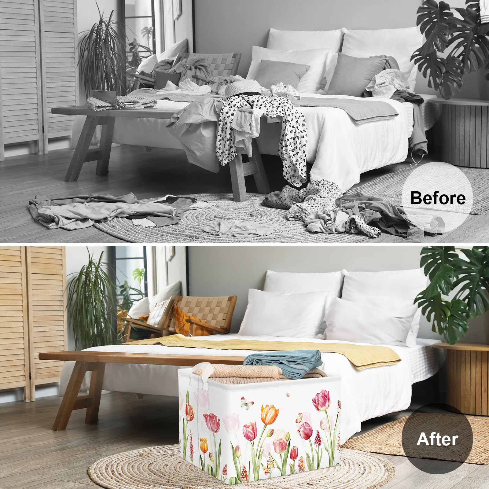 Clastyle Large Tulip Easter Baby Gift Basket Spring Garden Plant Butterfly Flower Girl Basket Rectangle Towel Clothes Book Toy Storage Bin