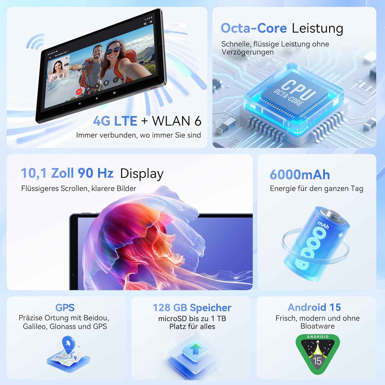 ALLDOCUBE 10 Inch Tablet Android 15, 12 (4+8) GB + 128 GB, Octa-Core Processor, 90 Hz, 1280 x 800 IPS Display, 6000 mAh, GPS/LTE/SIM+WIFI6, Blue – Bild 2