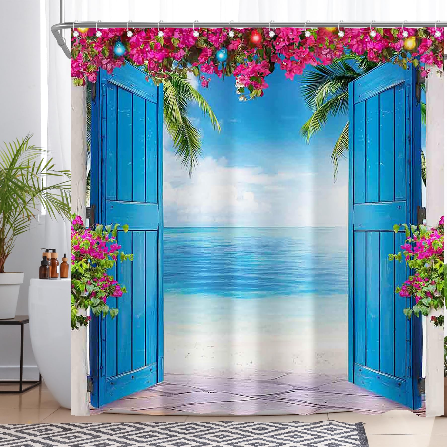 Monalivest Summer Hawaiian Shower Curtain for Bathroom Luau Aloha Beach Tropical Floral Palm Tree Seascape Door Home Decorations Sets with 12 Hooks Waterproof Polyester 72