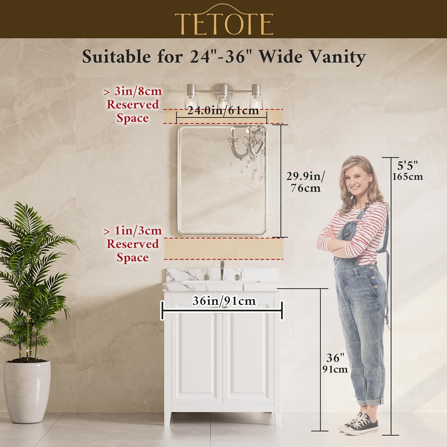 tetote brushed nickel bathroom mirror 24 x 30 beveled edge tempered glass, rounded corner rectangle bathroom mirror for over sink for modern bathroom, living room, bedroom, entryway 30"l x 24"w brushed nickel