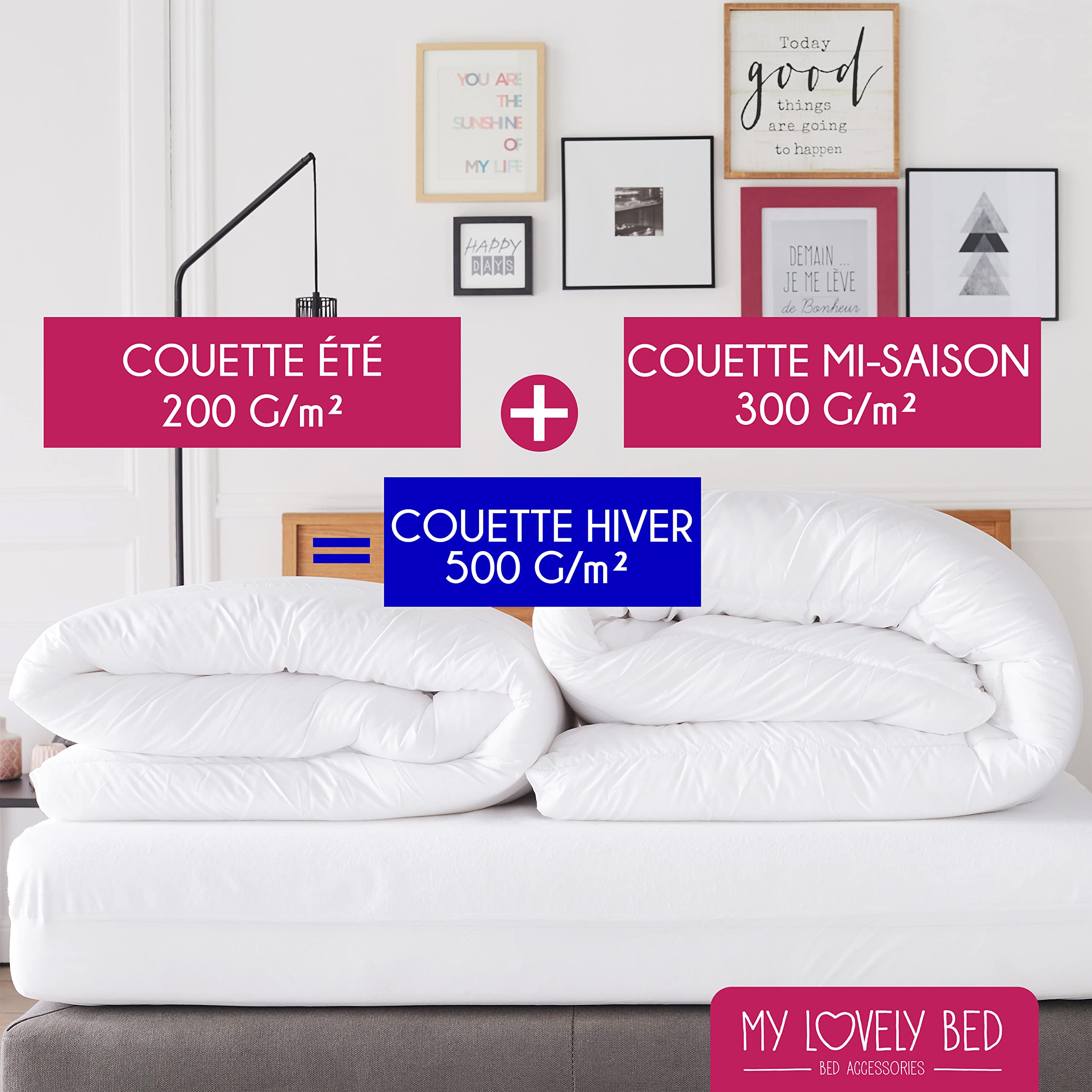 Couette 4 Saisons - 220x240 cm - 3 en 1 (200g/m² et 300g/m² = 500g/m²) - Chaude pour l'hiver/Légère pour l'été