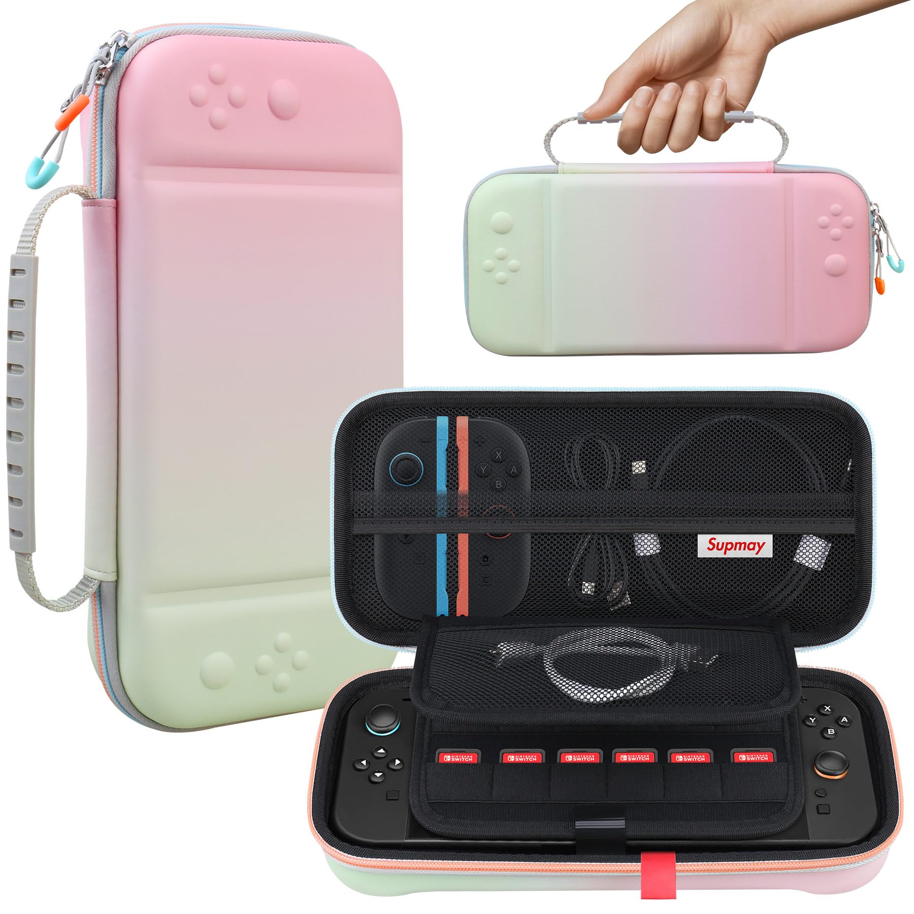 Supmay Funda de Transporte para Nintendo Switch 2, Funda rígida Protectora y portátil para Viajes con Capacidad para 24 Cartuchos de Juegos y Bolsillo de Malla, Rosa Verde Fancy