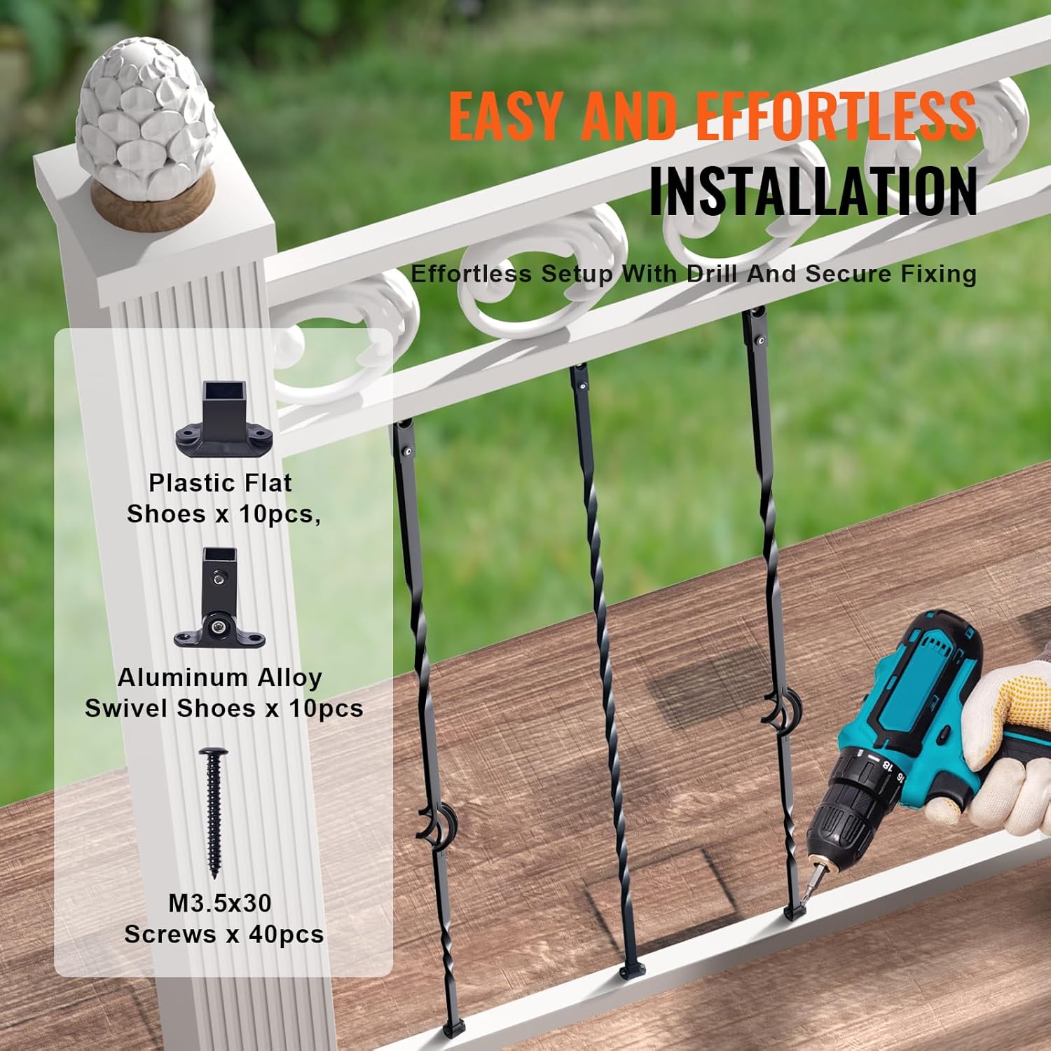 VEVOR Staircase Metal Balusters, 44'' x 1/2" Galvanized Steel Decorative Banister Spindles, 10 Pack Deck Baluster with Hollow Single Baskets, Twists, Spiral Stair Railing w/Shoes & Screws